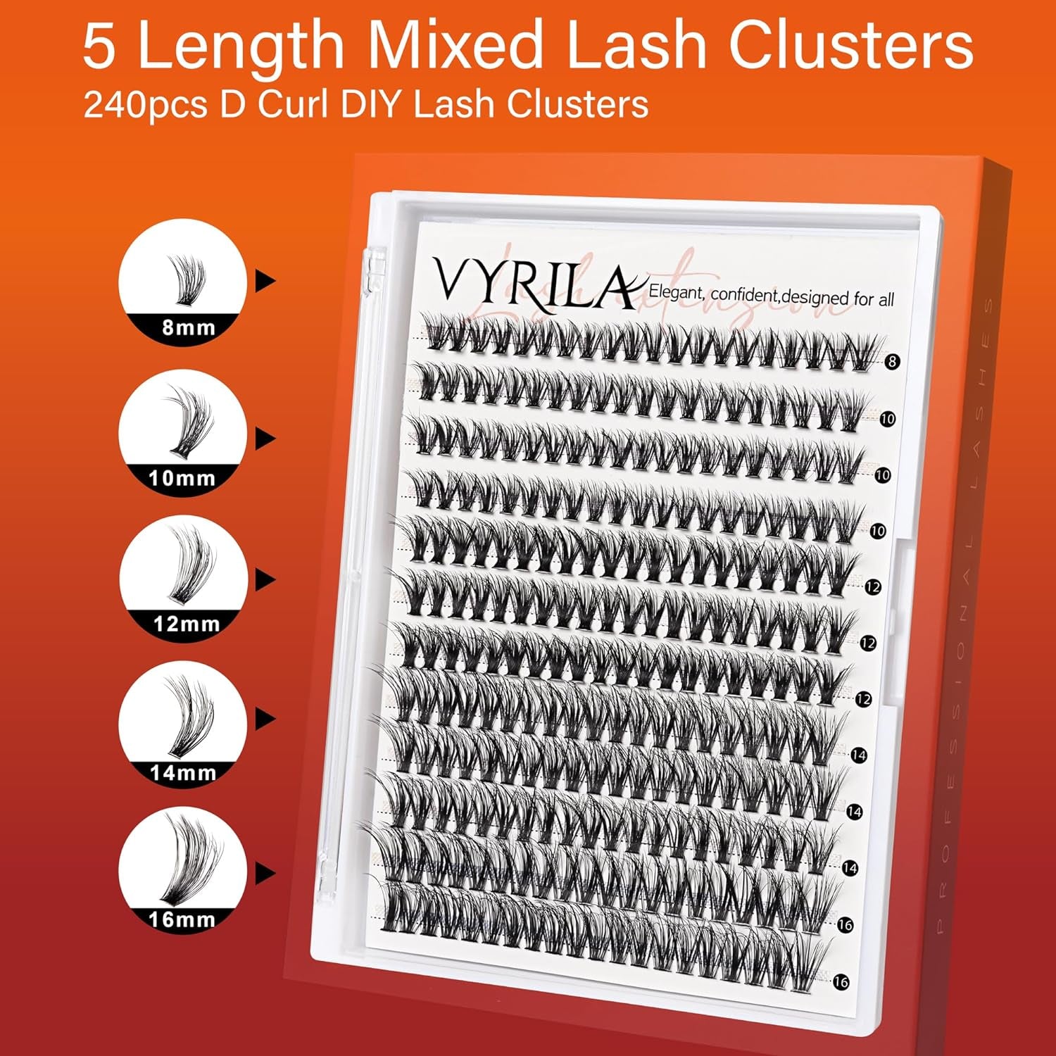 Lash Cluster 240Pcs Individual Lashes,8-16Mm Diy Lash Extension,D Curl Lash Clusters Wispy,3D Natural Lash Clusters Look like Eyelash Extension DIY at Home (Orange 40P-D-8-16Mix)