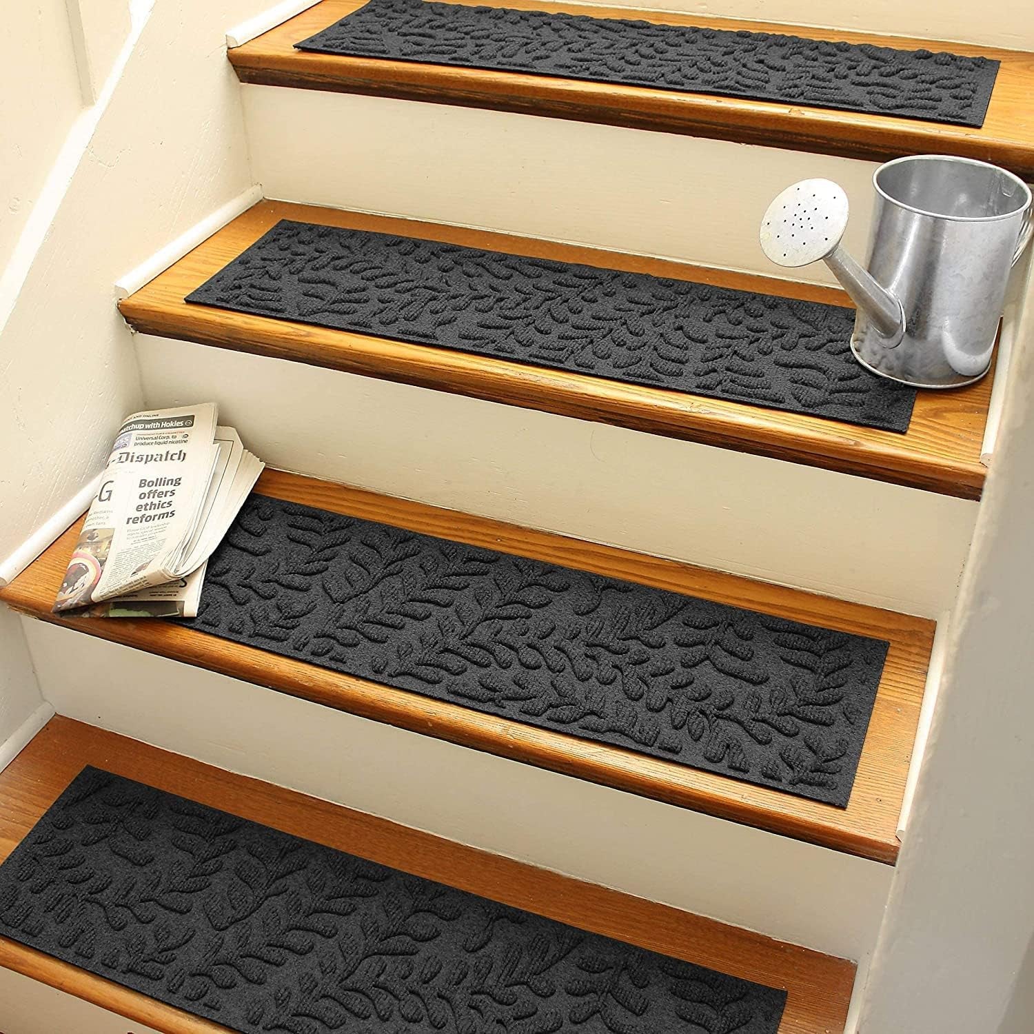 Waterhog Stair Treads, Set of 4, 8-1/2 X 30 Inches, Made in USA, Durable and Decorative Floor Covering, Indoor/Outdoor, Water-Trapping, Boxwood Collection, Charcoal