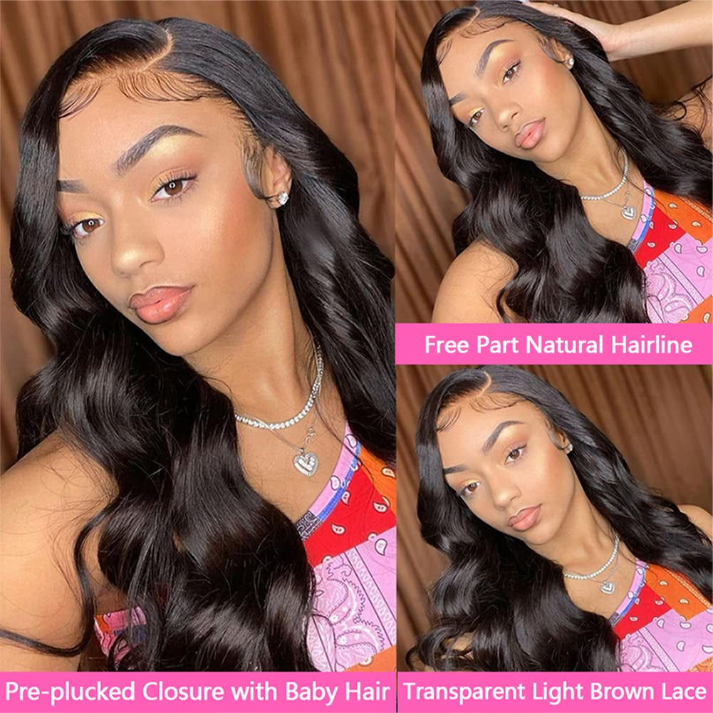 Body Wave Bundles with Closure 100% Brazilian Virgin Human Hair Bundles with Closure 12A Unprocessed Body Wave Weave 3 Bundles Human Hair with Closure 4X4 HD Lace Natural Black (18 20 22+16)