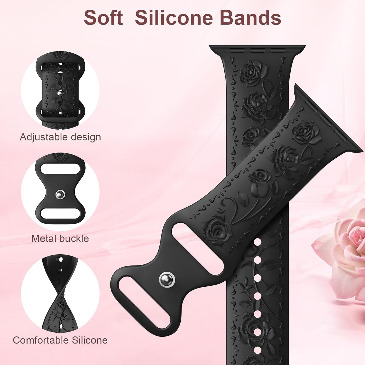 3 Packs Floral Engraved Bands Compatible with Apple Watch Band 40Mm 41Mm 38Mm 42Mm 44Mm 45Mm 49Mm Women, Soft Silicone Cute Embossed Rose Apple Watch Band for Iwatch Series 9/8/7/SE/6/5/4/3/2/1