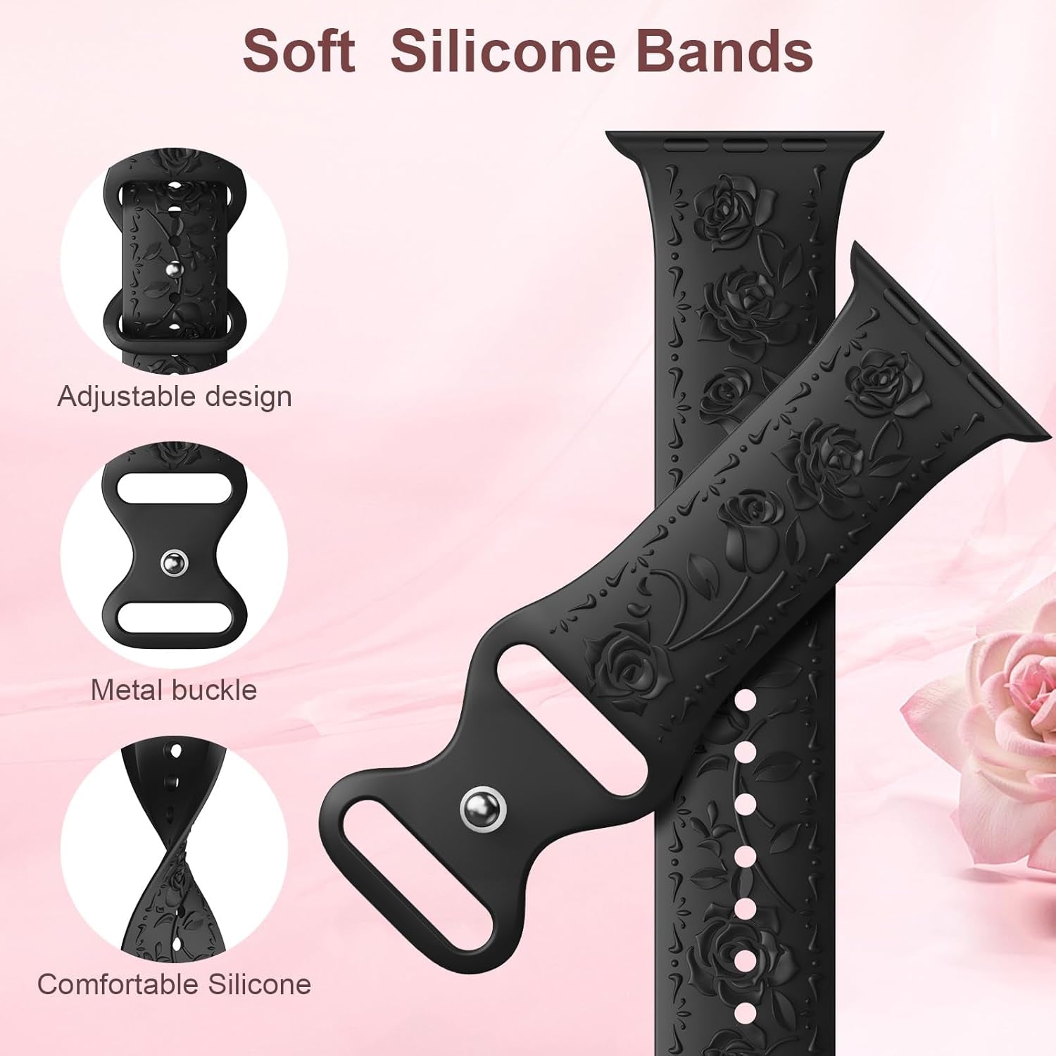 3 Packs Floral Engraved Bands Compatible with Apple Watch Band 40Mm 41Mm 38Mm 42Mm 44Mm 45Mm 49Mm Women, Soft Silicone Cute Embossed Rose Apple Watch Band for Iwatch Series 9/8/7/SE/6/5/4/3/2/1