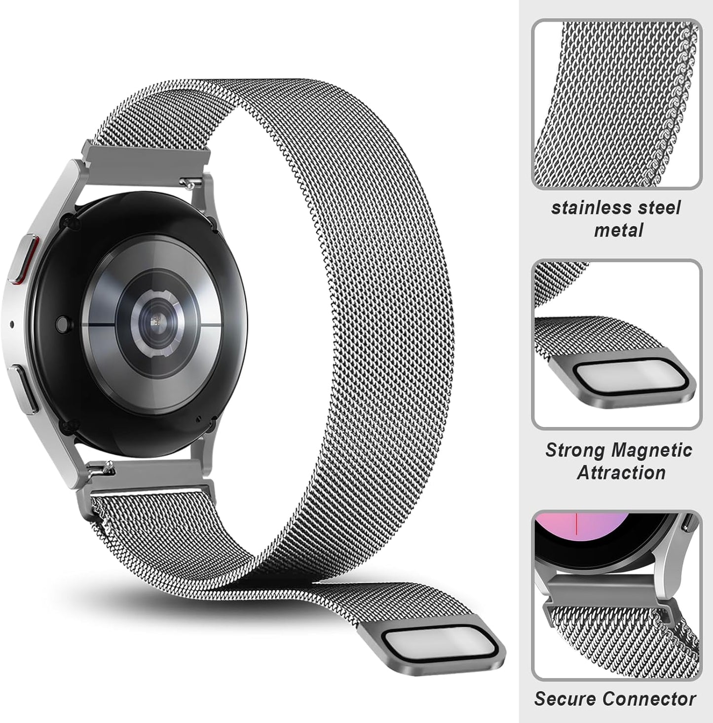 Milanese for Samsung Galaxy Watch 7/6/5/4/FE Band 40Mm 44Mm/Galaxy Watch 6 Classic 47Mm 43Mm/4 Classic 46Mm 42Mm,20Mm Watch Band Magnetic Mesh Metal Strap for Amazfit Bip U Pro/Gts/Active 2