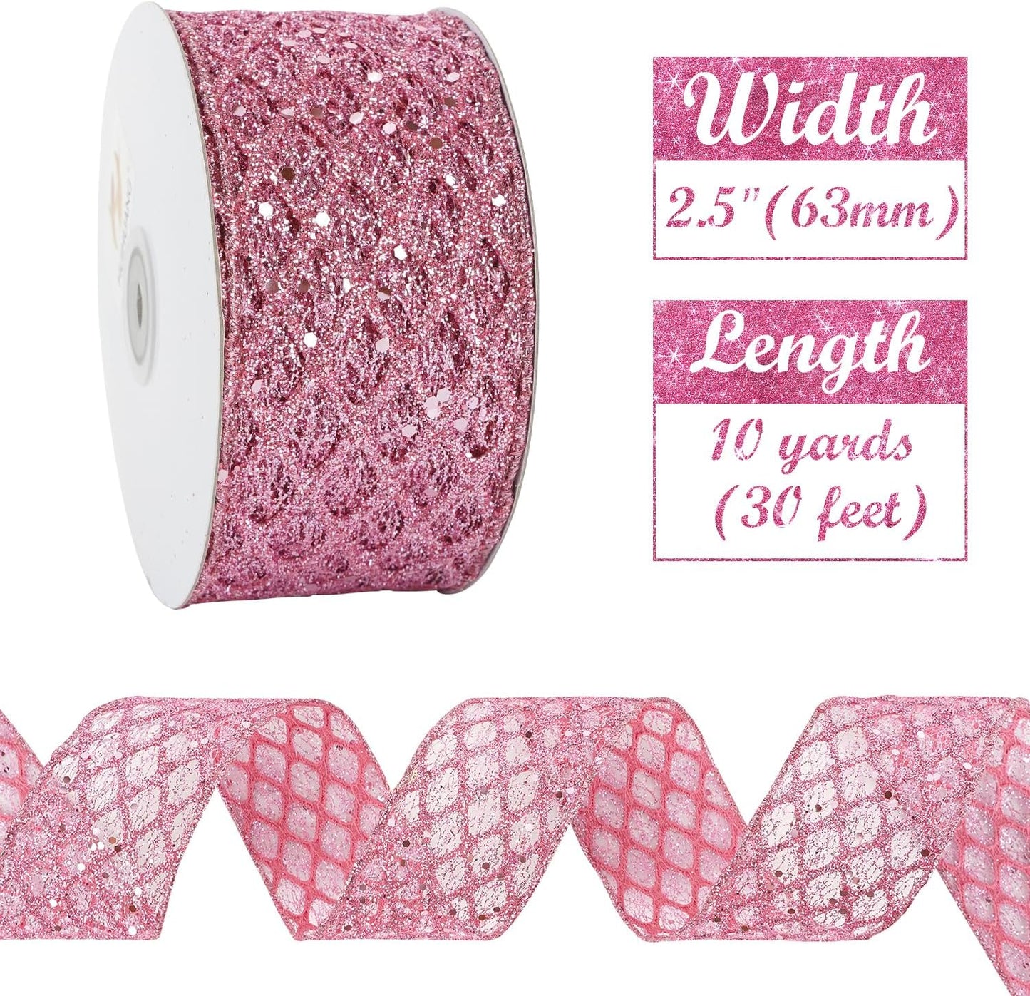Pink Wired Ribbon 2.5 Inch Light Pink Christmas Ribbon Glitter Diamond Wire Ribbon for Christmas Tree, Large Bows Making, Wreaths, Garland, Gift Wrapping, Home Decor -10 Yards