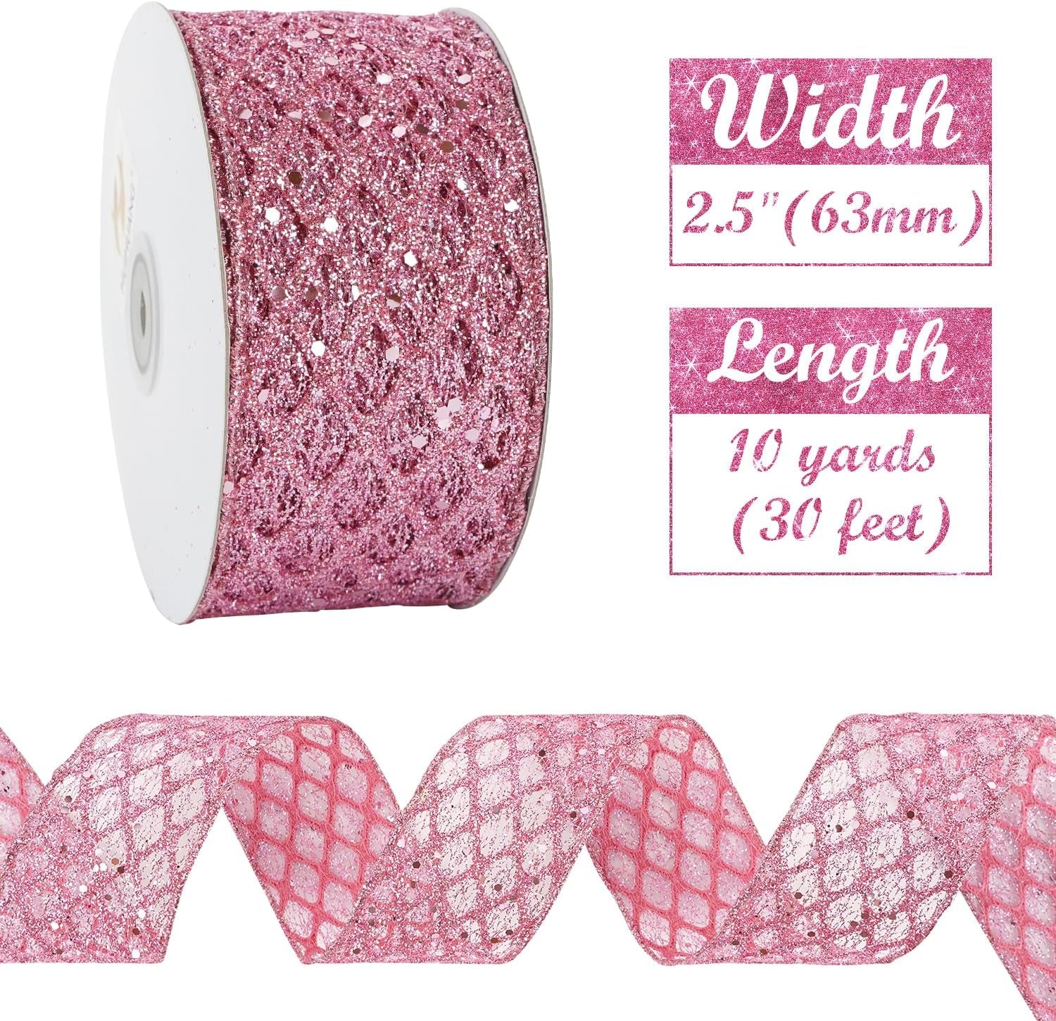 Pink Wired Ribbon 2.5 Inch Light Pink Christmas Ribbon Glitter Diamond Wire Ribbon for Christmas Tree, Large Bows Making, Wreaths, Garland, Gift Wrapping, Home Decor -10 Yards