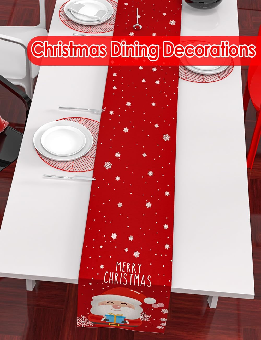 Set of 2 Christmas Table Runner, Including Linen Christmas Trees Table Runner, Merry Christmas Santa Claus Table Runner for Xmas Holiday Seasonal Winter Decoration Indoor Party Wedding 90In