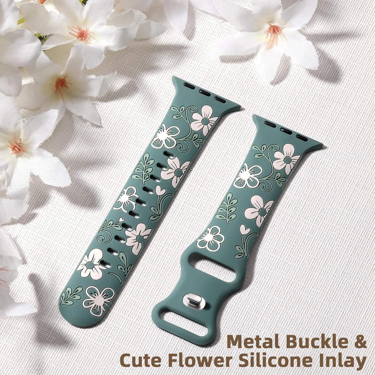 Floral Band Compatible with Apple Watch Bands for Women 40Mm 41Mm 38Mm 42Mm 44Mm 45Mm 46Mm 49Mm, Engraved Cute Flower Silicone Inlay Dressy Strap for Iwatch Series 10 9 8 7 6 5 4 3 2 SE Ultra