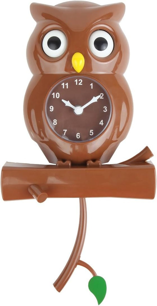 Pendulum Owl Clock with Revolving Eyes and Swinging Branch, Battery Powered and Wall Mountable, Wonderful and Whimsical Addition to Themed Bedroom Décor, Brown (15 Inches)