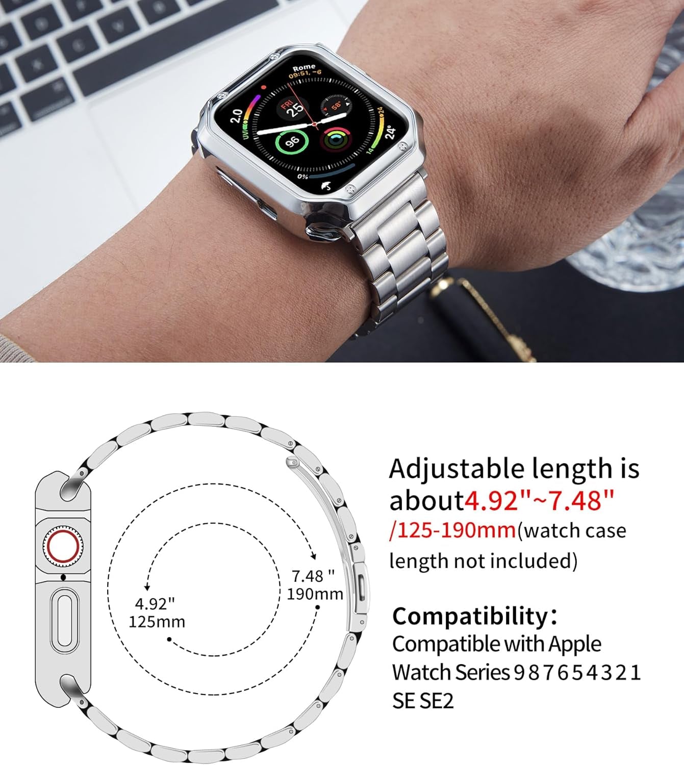 Compatible with Apple Watch Band 49Mm 45Mm 44Mm 42Mm 41Mm 40Mm 38Mm Matte Stainless Steel Metal Watch Strap with TPU Watch Case Compatible with Iwatch Series Ultra/9/8/7/Se2/Se/6/5/4/3/2/1