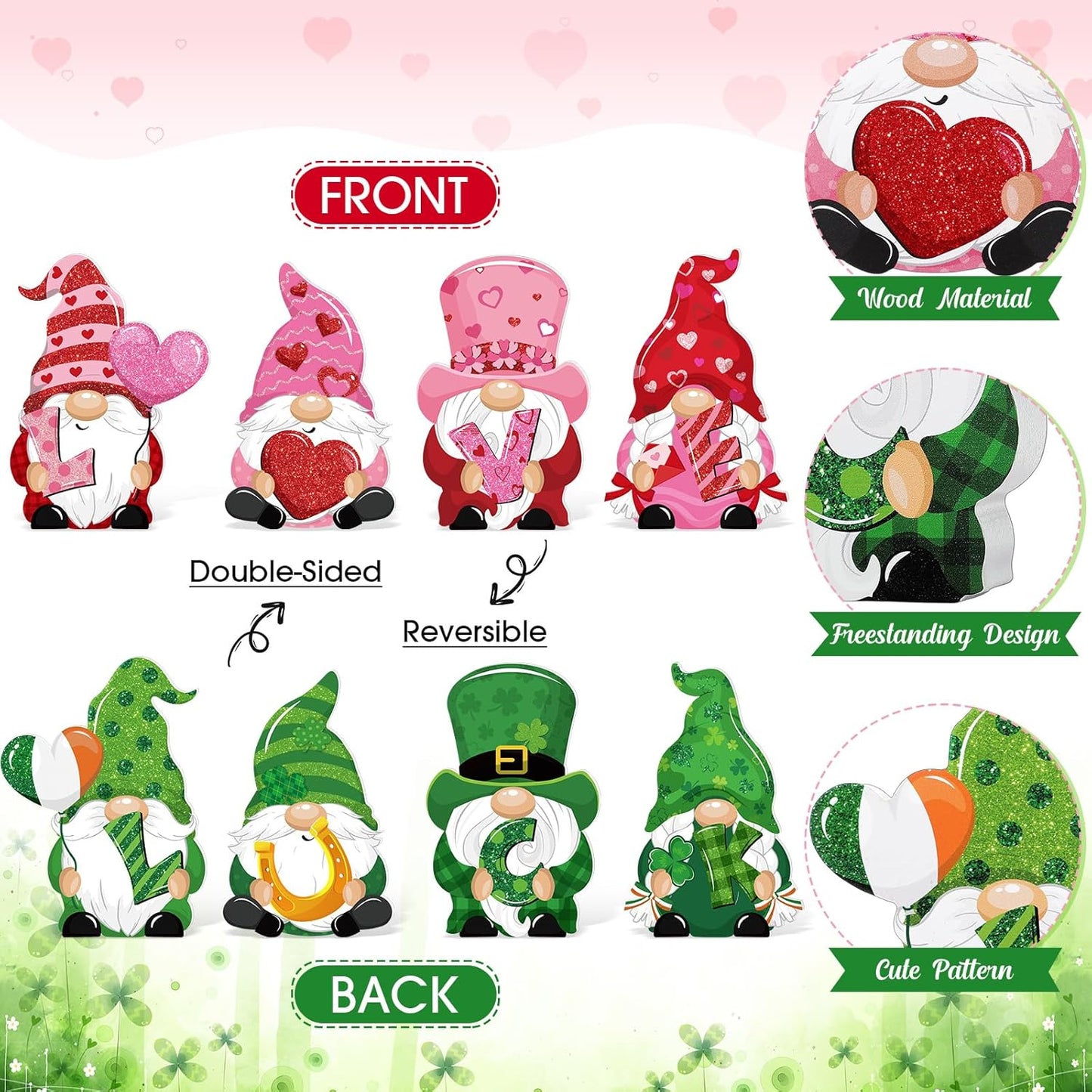 4 Pcs Valentine Wooden Table Sign Reversible St. Patrick'S Day Tabletop Decor Valentine Gnome Table Decoration Love and Luck Table Centerpiece for Home Kitchen Table Tiered Tray Party Decor