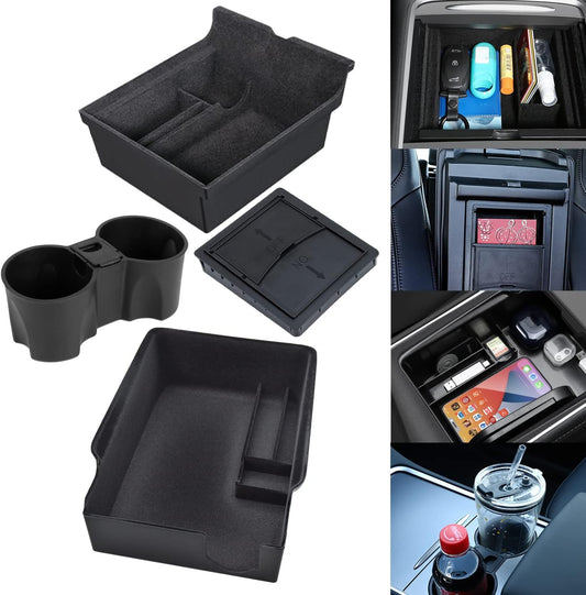 Center Console Organizer Tray Cup Holder Insert 4PCS for 2021 2022 2023 2024 Tesla Model Y and 2021-2023 Tesla Model 3 Interior Accessories Organizer Armrest Hidden Cubby Drawer Storage Box