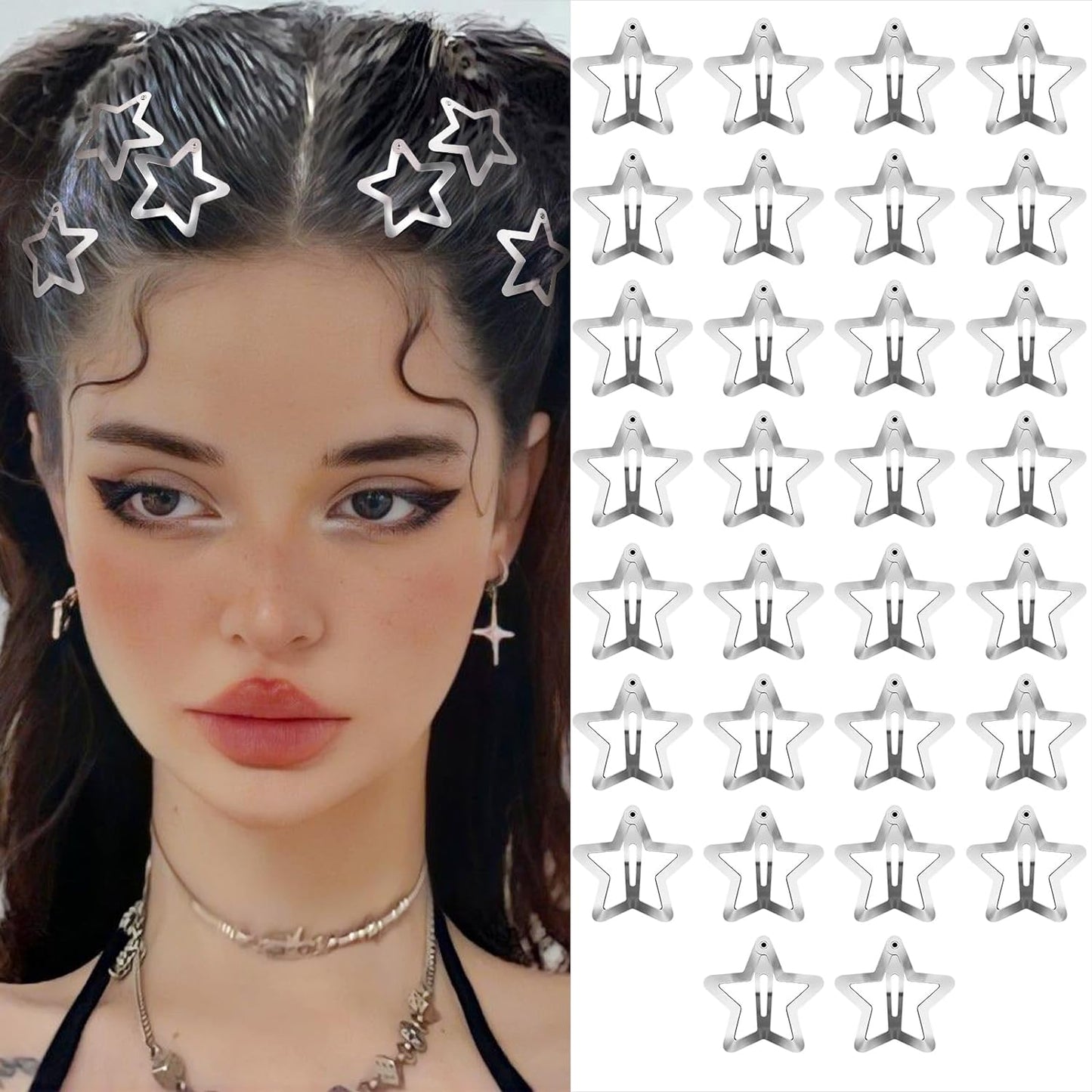 Star Hair Clips 2000S Y2K Snap Hair Barrettes Non Slip Star Hair Accessories Silver Metal Hair Clips for Girls Women -15 PCS 1.57"