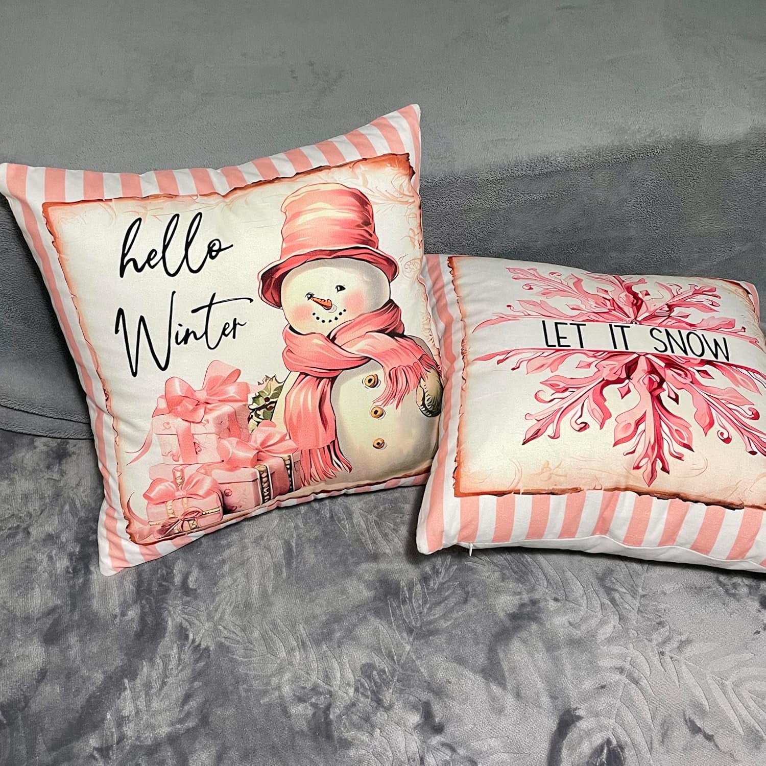 Christmas Pillow Covers Pink 18X18 Set of 4, Soft Short Pile Velour Holiday Throw Pillow Cover, Pink Christmas Decor Christmas Decorations Santa Claus Decor Cushion Cover for Home Sofa