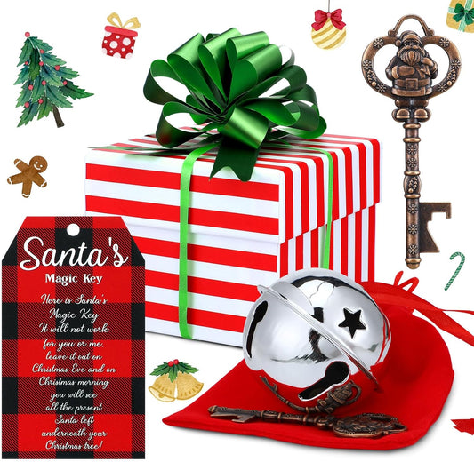 Santa Sleigh Bell Gift Set Includes 2.56'' Christmas Silver Believe Bell Ornament Ribbon Gift Box Santa Key Red Bag Santa Claus Tag Pull Bow for Christmas Decor Vintage Party Favors