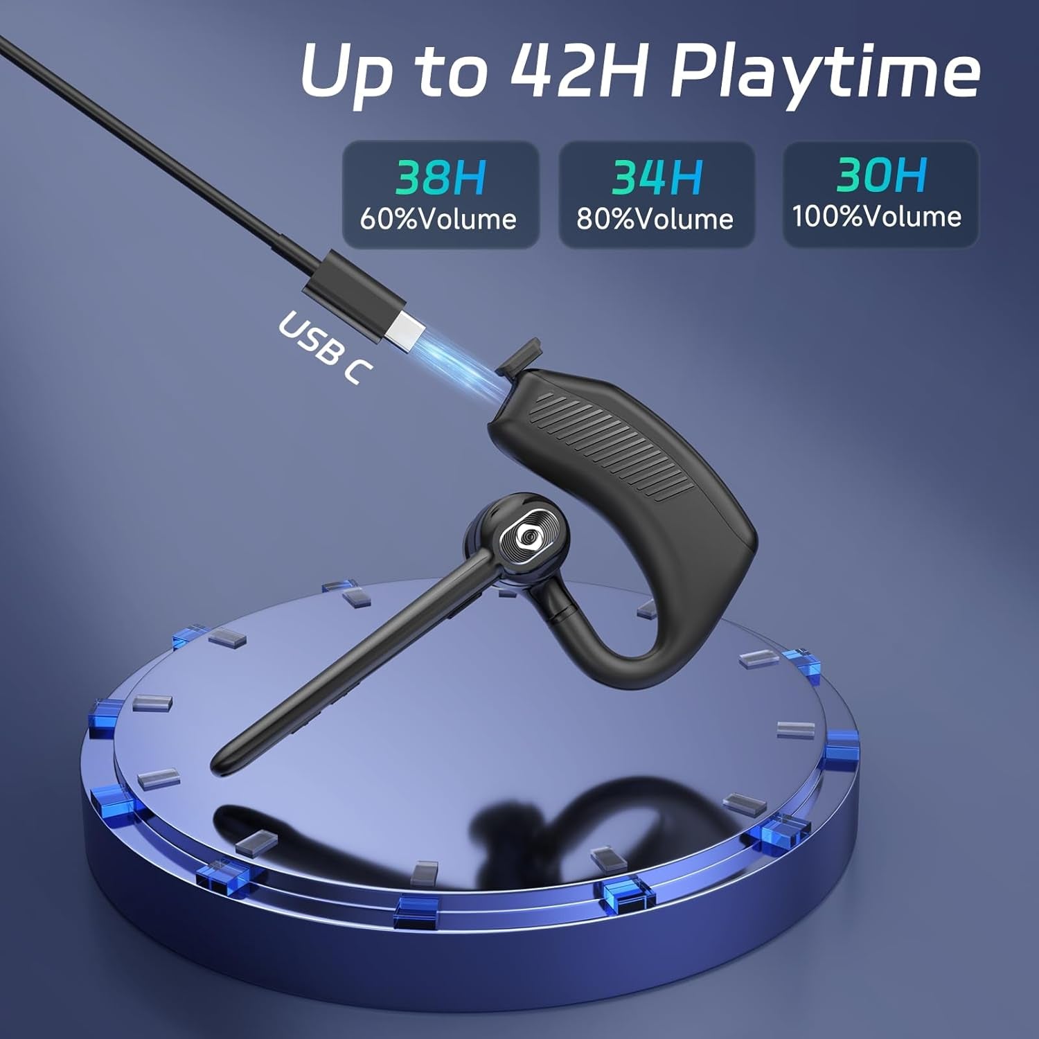 Wireless Headset Bluetooth Earpiece with Dual Noise Canceling Microphone Hands Free Headphones Single Ear Earphone over Ear Earbud for Iphone Samsung Android Cellphones TV PC Trucker Game Work TRUCK DRIVER