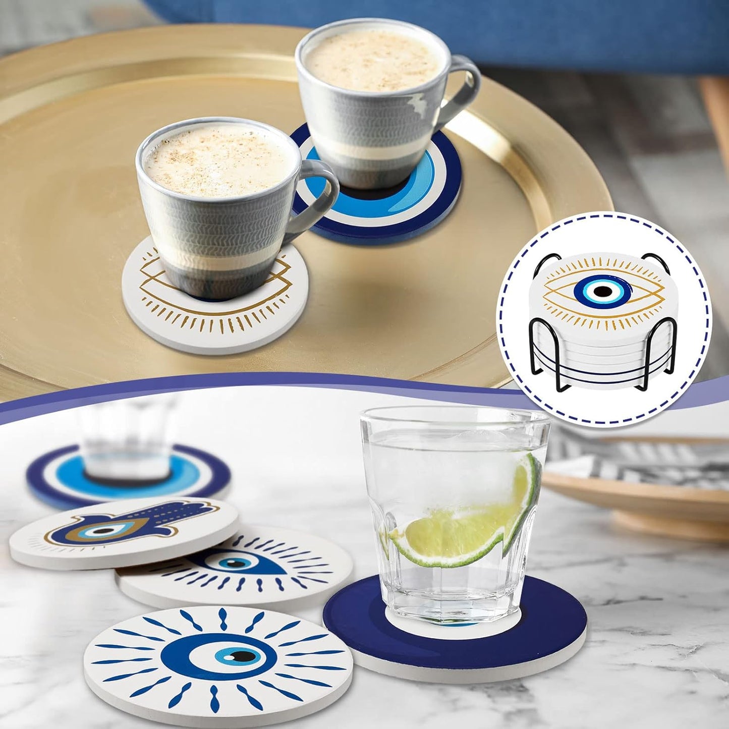 Set of 6 Ceramic Evil Eye Coasters with Coaster Holder Evil Eye Blue Coasters for Drinks round Absorbent Cup Mat with Cork Base for Home Table Decor Desk Kitchen Accessories, 4 Inch