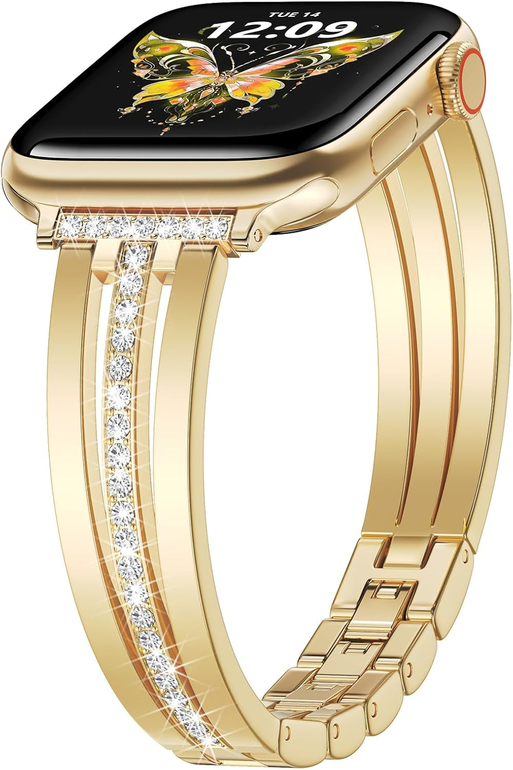 Slim Gold Band Compatible with Apple Watch 38Mm 40Mm 41Mm 42Mm 44Mm 45Mm 46Mm Women Thin Metal Strap Dressy Jewelry Bracelet with Bling Diamond for Iwatch Bands Series 10 9 8 7 6 5 4 3 SE