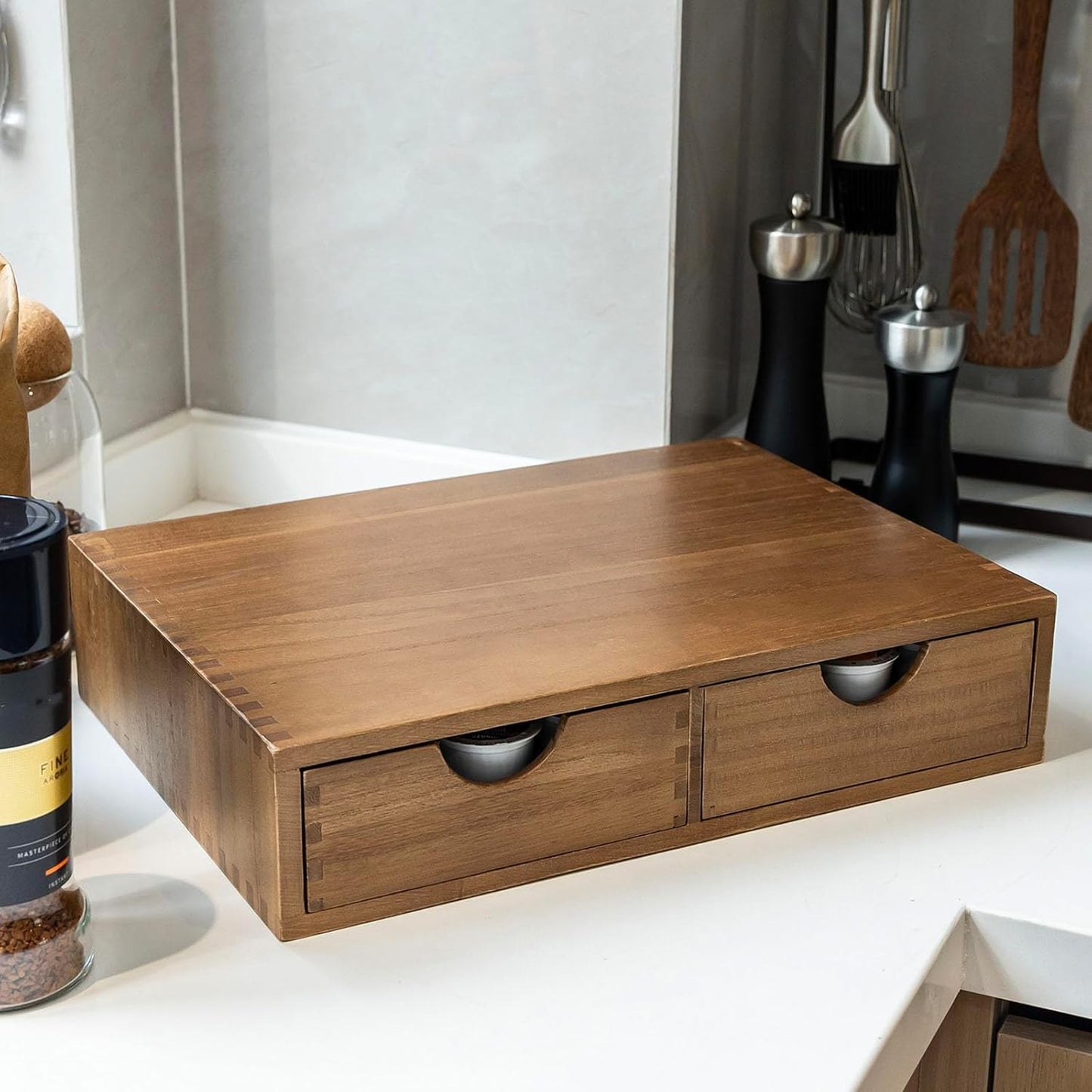 Wooden K Cup Organizer Coffee Pod Storage Box, Coffee Pods and Tea Organizer Holder, K Pod Drawer Coffee Maker Machine Stand, Organizador De Cafe, Kcup Drawer Organizer under Brewer, 30 Pod Capacity