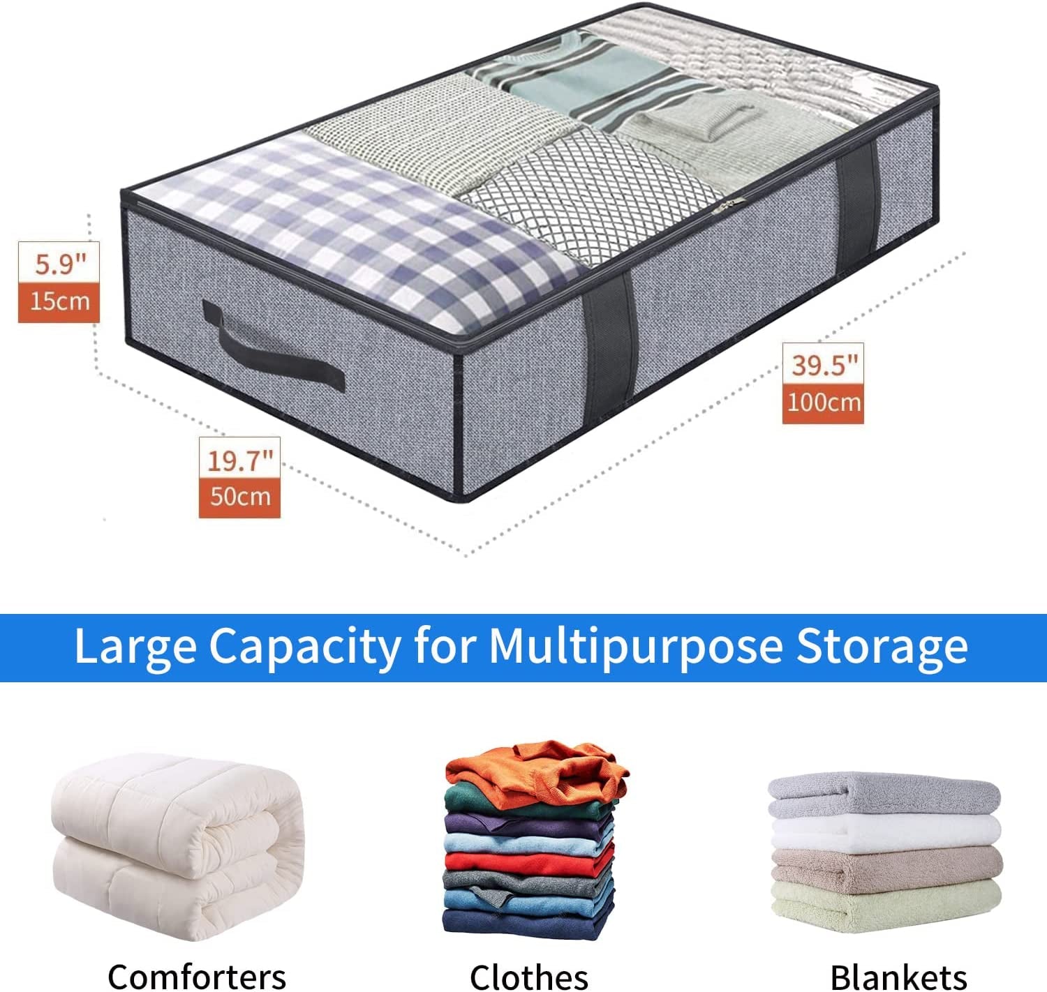 Foldable Underbed Bags 2 Pack - Blankets Clothes Comforters Storage Bag Breathable Zippered Organizer for Bedroom with Clear Window and 4 Handles, 39.4X19.7X5.9 In, Linen-Like Grey, MXDUBBP2