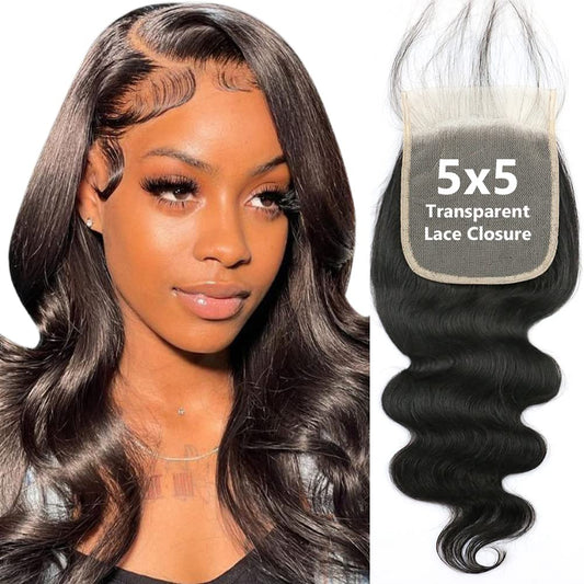 5X5 Transparent HD Lace Closure Only Body Wave Hair Closure Invisible Lace 12A Brazilian Virgin Remy Human Hair Frontal Closure 100% Human Hair Extensions Pre Plucked Natural Black 14 Inch