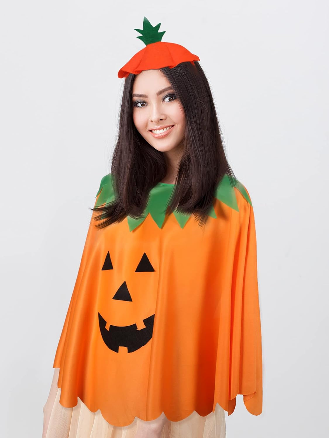 Adult Halloween Pumpkin Costume Set Pumpkin Cloak Poncho with Candy Bag Hat Pumpkin Handbag Funny Headband