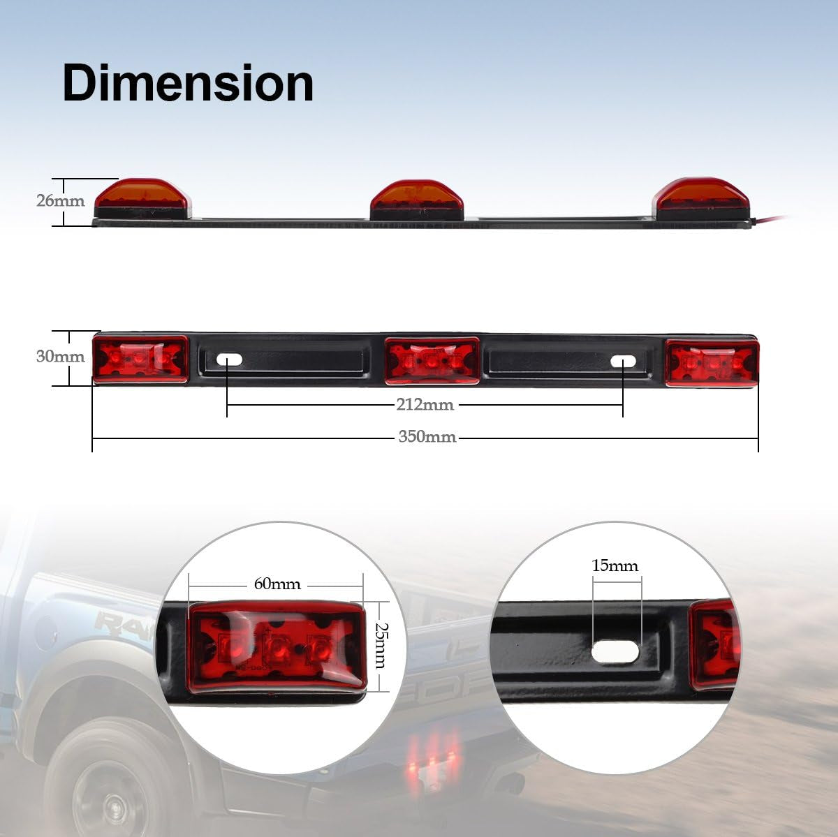 Red Clearance ID BAR Marker Light 3 Light 9 LED Trailer Sealed Stainless Steel, [DOT Approved] Sealed 3-Light Truck and Trailer Identification LED Light Bar Red Led Strip W/Black Base