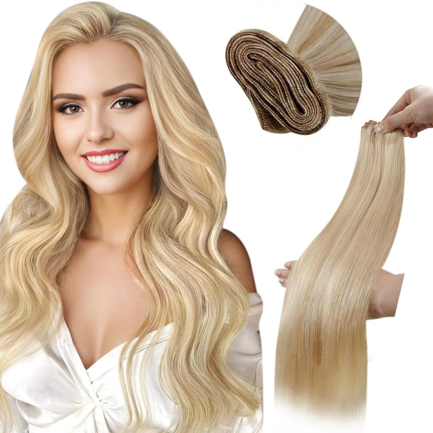 Human Hair Extensions Sew in Blonde Hand Tied Weft Hair Extensions Human Hair Blonde Highlights Sew in Hair Extensions Real Human Hair Short Hair Weft Bundles Straight 12 Inch 80G