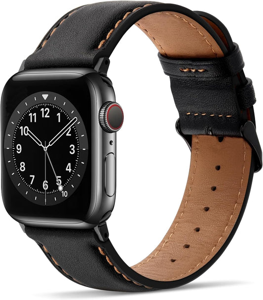 Bands Compatible with Apple Watch Band 49Mm 45Mm 44Mm 42Mm Men Genuine Leather Replacement Bands Compatible with Apple Watch Ultra 2 Ultra SE 2 SE Series 9 8 7 6 5 4 3 2 1, Black