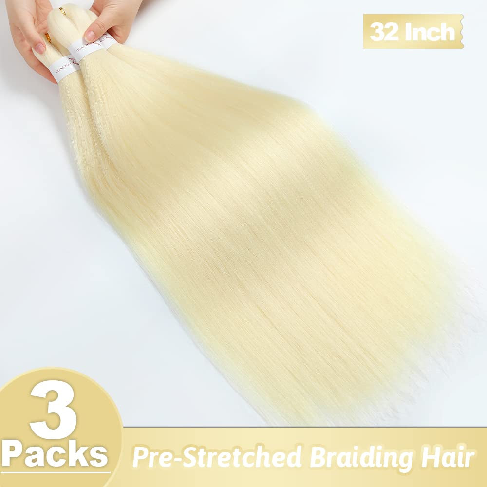 613 Braiding Hair Extensions 32 Inch Pre Stretched Braiding Hair Yaki Braids Hair Hot Water Setting Synthetic Hair Colored Braiding Hair Pre Stretched Crochet Hair(32Inch,3 Packs,613#)