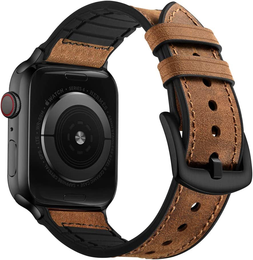 Compatible with Apple Watch Band 49Mm 45Mm 44Mm 42Mm, Sweatproof Genuine Leather and Rubber Hybrid Band Strap for Iwatch Ultra 2/1 Series 9 8 7 6 5 4 3 2 1 SE2 SE, Brown Band with Black Adapter