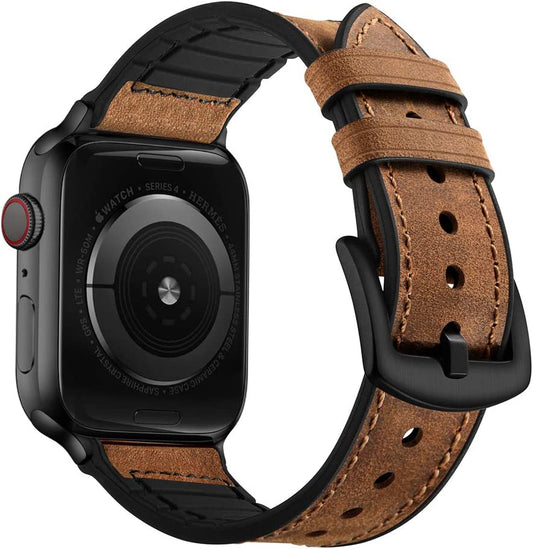 Compatible with Apple Watch Band 49Mm 45Mm 44Mm 42Mm, Sweatproof Genuine Leather and Rubber Hybrid Band Strap for Iwatch Ultra 2/1 Series 9 8 7 6 5 4 3 2 1 SE2 SE, Brown Band with Black Adapter