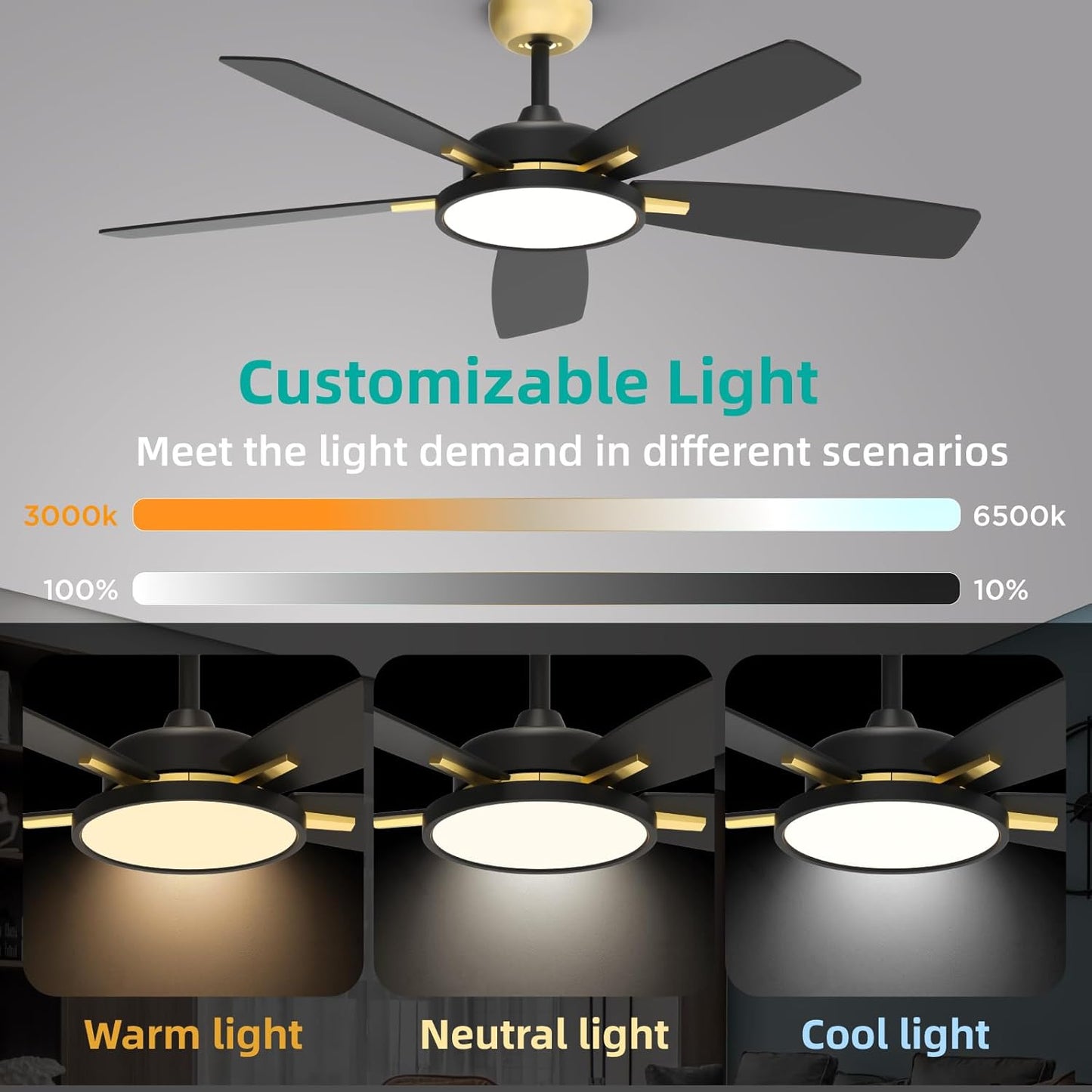 Ceiling Fans with Lights,Ultra Silent 52 Inch Smart Ceiling Fans with Dimmable LED Light Compatible with Google Home Alexa App Control(Black Gold