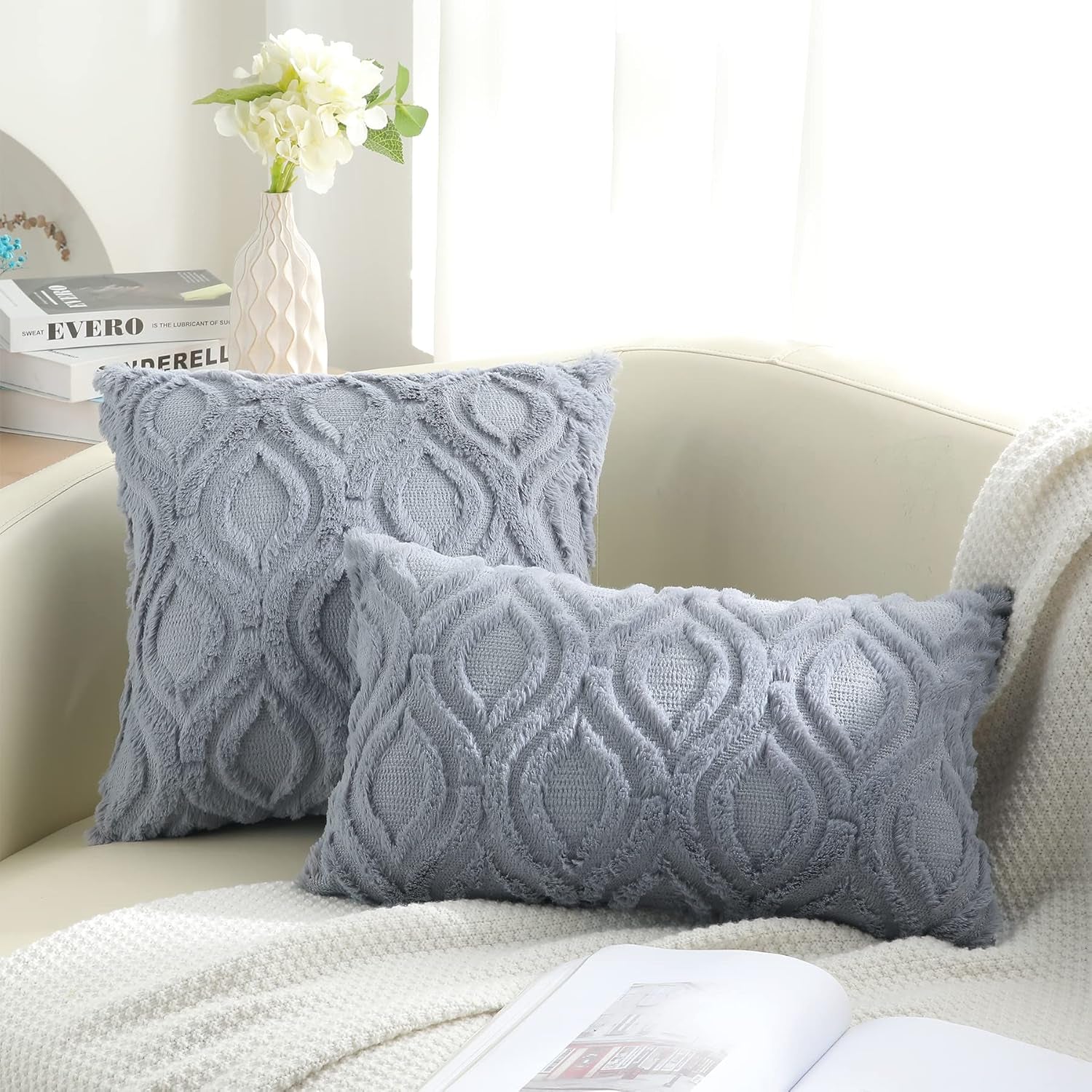 Decorative Throw Pillow Covers 18X18, Soft Plush Faux Wool Couch Pillow Covers for Home, Set of 2, Blue Grey