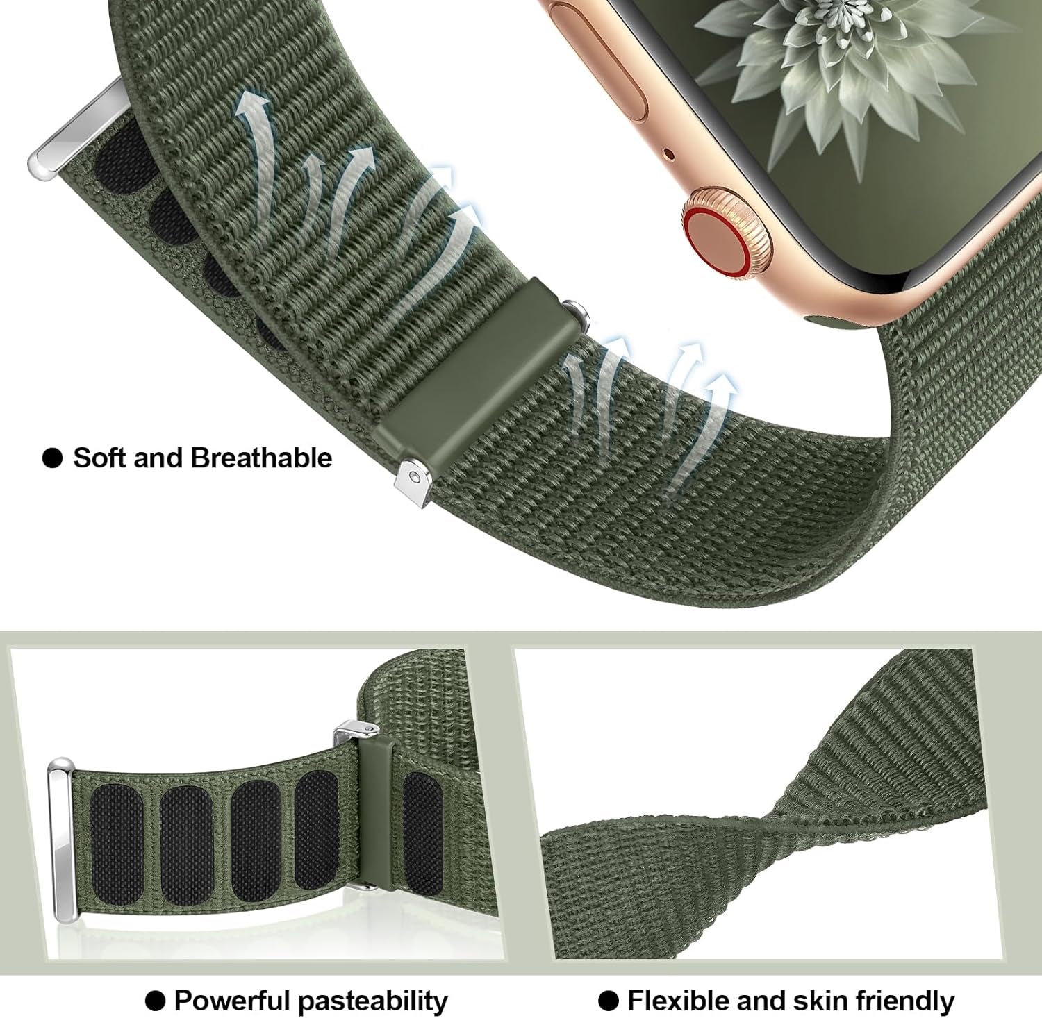 Nylon Band Compatible with Apple Watch Band 38Mm 40Mm 41Mm 42Mm 44Mm 45Mm 46Mm 49Mm for Women Men, Soft Braided Stretchy Solo Loop Sport Band for Iwatch Series 10/9/8/7/Se/Ultra Army Green S