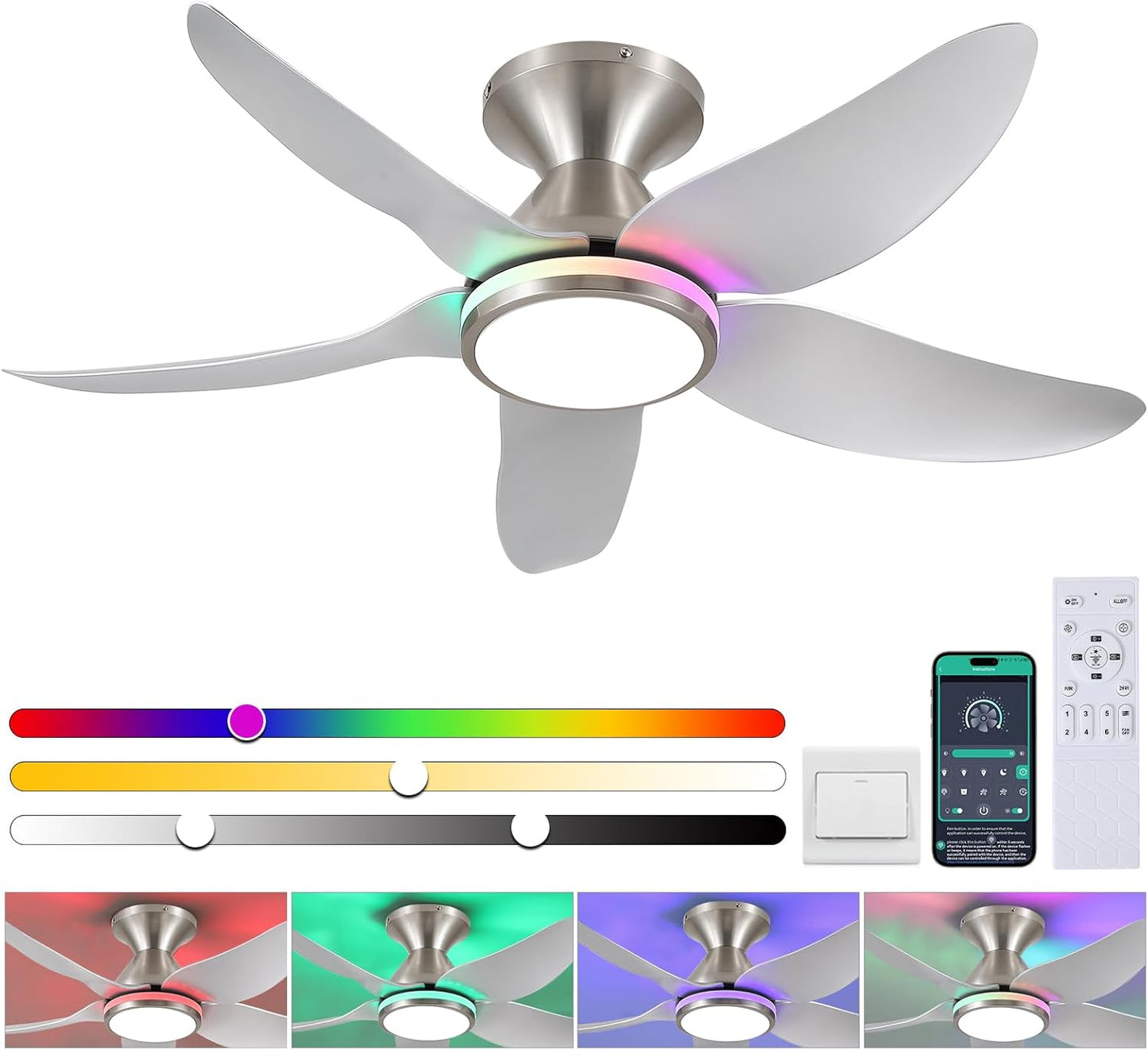 Ceiling Fans with Lights Remote/App Control, 38" Low Profile Ceiling Fans with Dimmable White Colors+Rgb Ring Lights, 6 Speeds 5 Reversible Blades for Kids Room Bedroom Living Room, Nickel