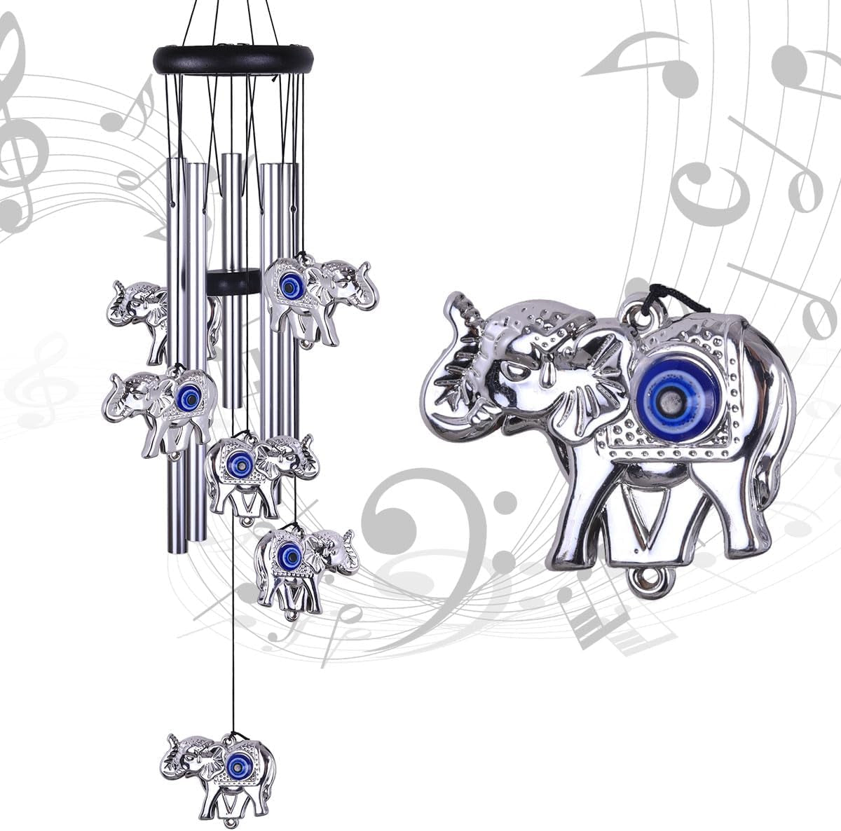 Blue Evil Eye Elephant Wind Chimes Outdoor Decor, Mobile Evil Eye Windcatcher, Evil Eye Elephant Wind Bells, Blue Evil Eye Amulet Wind Chimes for Home, Gift for Mom, Balcony, Patio, Garden Decoration
