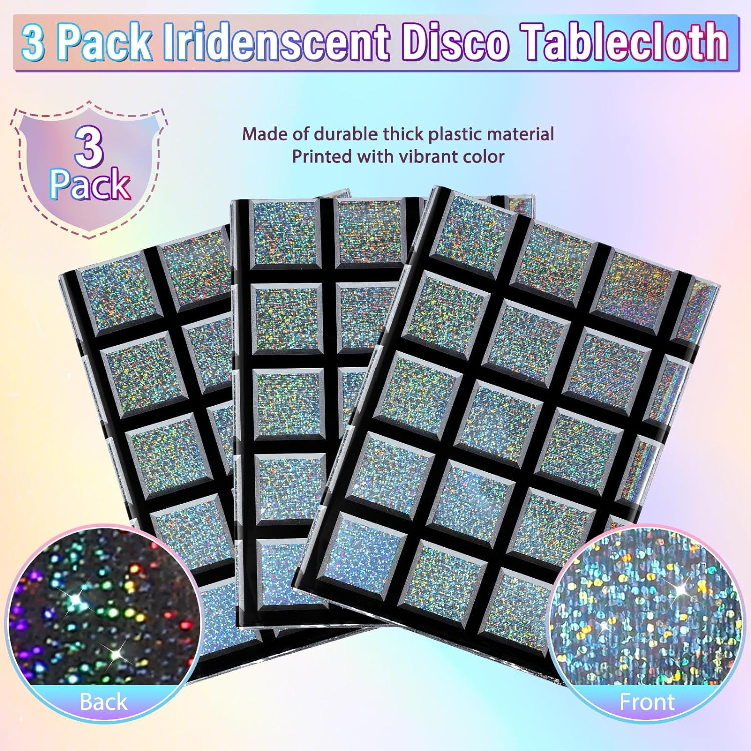 3 Pack Disco Tablecloth Party Decorations, Shiny Iridescent Disposable Laser Rectangle Table Covers, Silver Holographic Plastic Table Cloth for 70S Disco Birthday Theme Party Decorations, 39 X 108Inch