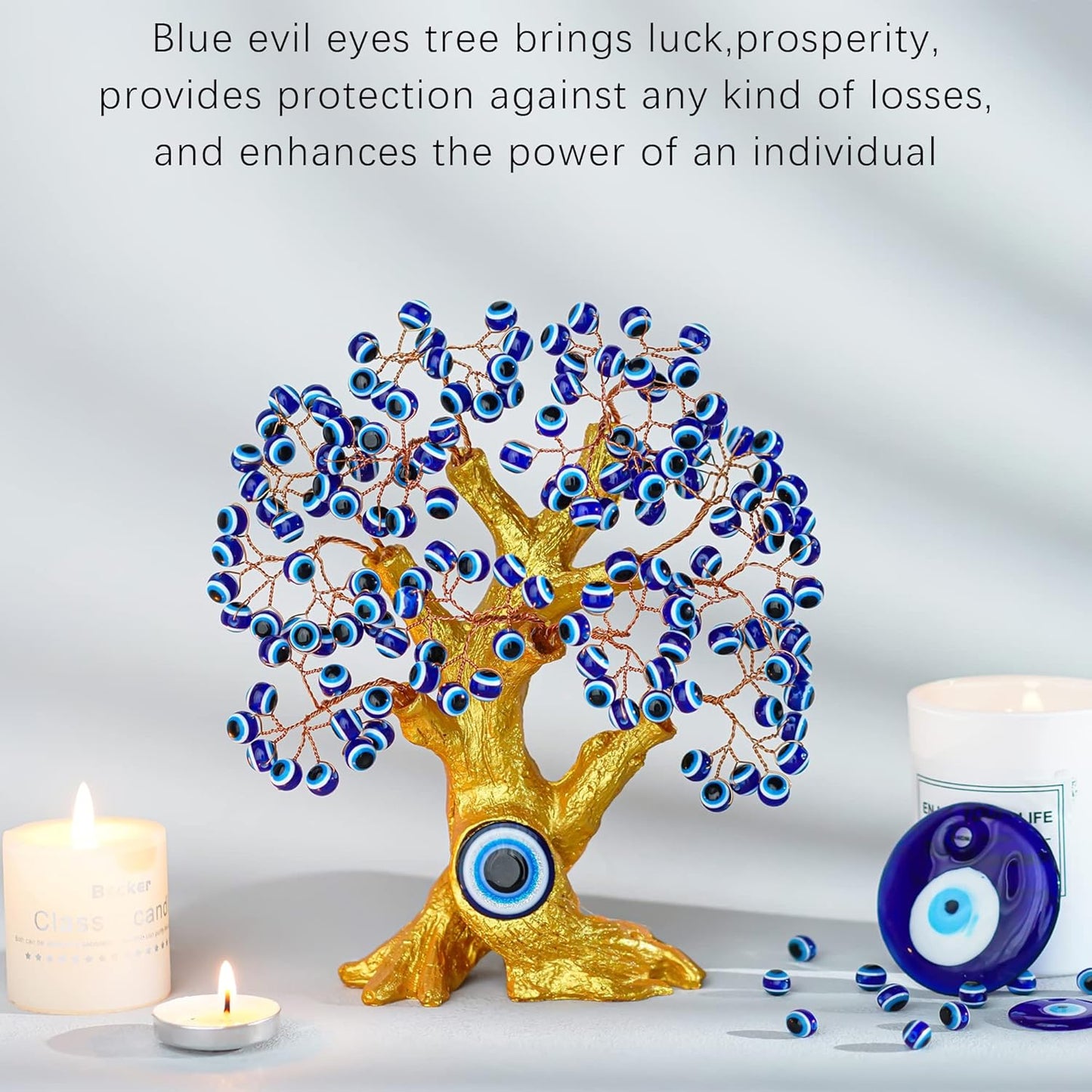 8'' Turkish Blue Evil Eye Tree Golden Feng Shui Decor Protection Money Fortune Tree Good Luck Gift