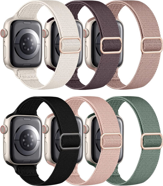 Compatible with Apple Watch Band 40Mm 38Mm 41Mm Iwatch Bands SE Series 8 7 6 5 4 3 2 1 for Women Men, 6 Pack Slim Stretchy Solo Loop Adjustable Thin Nylon Elastic Strap, 38 40 41 Mm, F