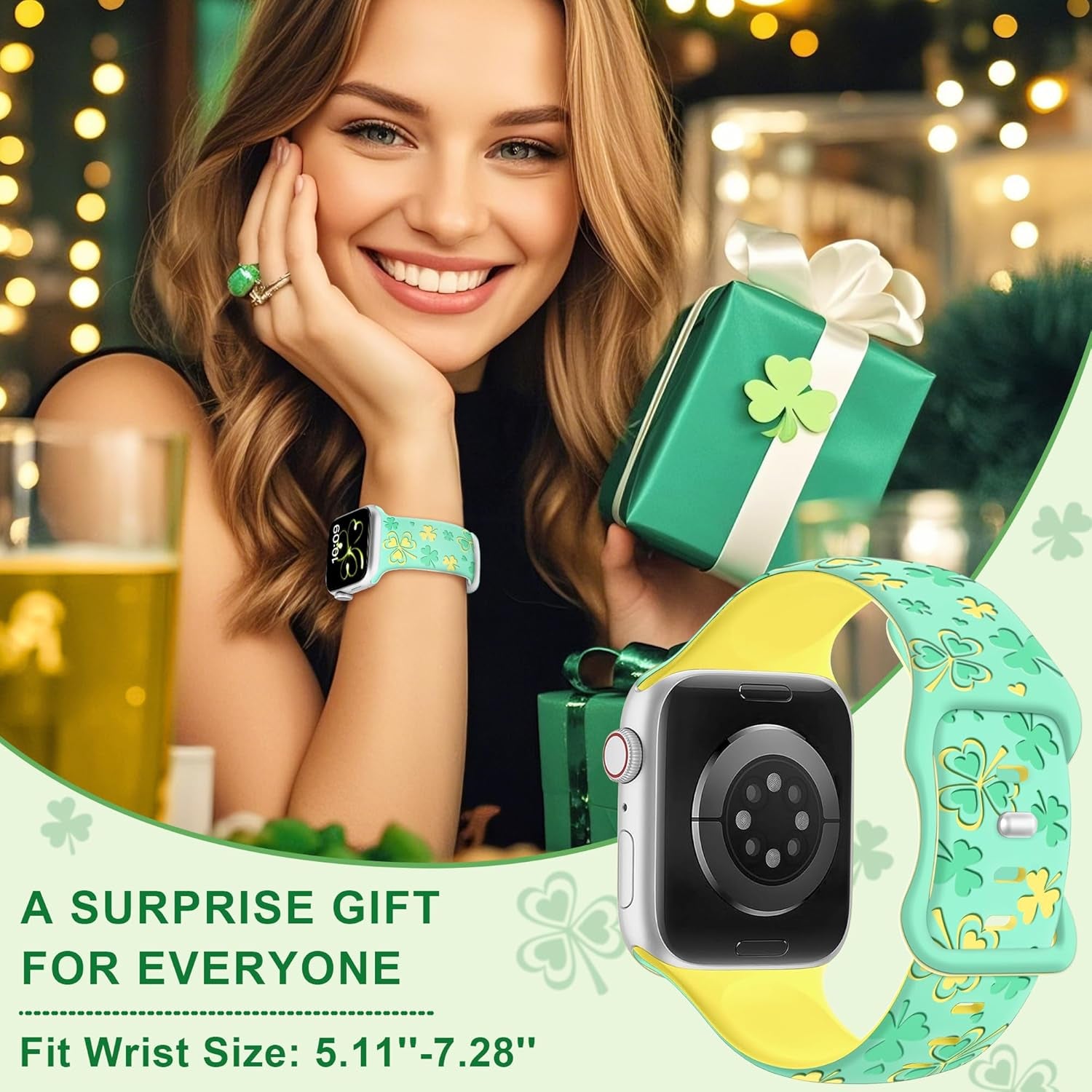 Shamrocks Lucky Clover Band for Apple Watch Bands for Women 42Mm 41Mm 40Mm 38Mm, St Patricks Day Cute Soft Silicone Iwatch Bands for Iphone Watch Bands Series 10 9 8 7 6 5 4 3 Se-Green(Yellow)