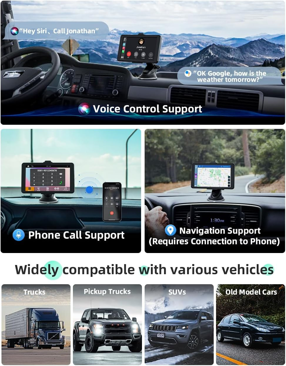 Carplay Car Stereo, Portable 7'' Car IPS Touch Screen with 720P Backup Camera for Most Vehicles with Car Drive Mate Navigation, Siri, FM, Bluetooth, and 3.5Mm AUX