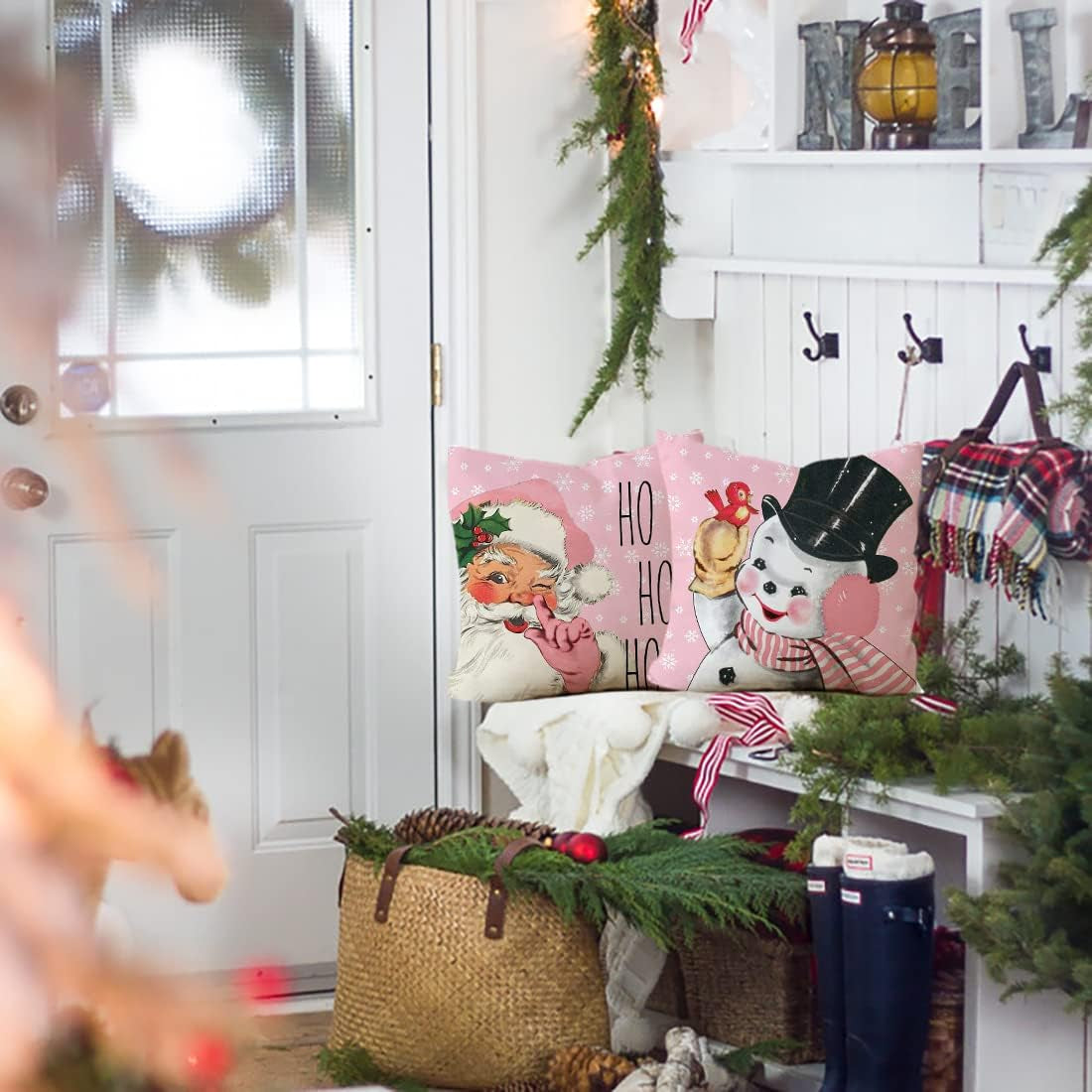 Pink Christmas Decorations Pillow Covers 18×18 Set of 4 Snowflake Santa Snowman Deer Bird Candy Cane Xmas Winter Holiday Throw Pillows Christmas Decor Cushion Cases K031 (18"X18", Pink)