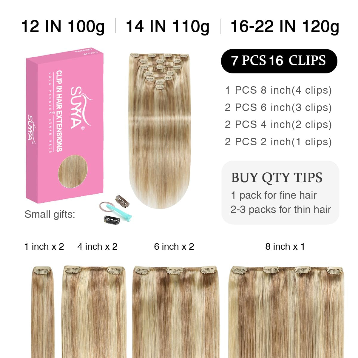 Clip in Hair Extensions Real Human Hair 16 Inch 120G 7Pcs Clip in Remy Human Hair Extensions Silky Straight Double Weft Ash Blonde Highlighted Bleach Blonde (16 Inches #P18/613)