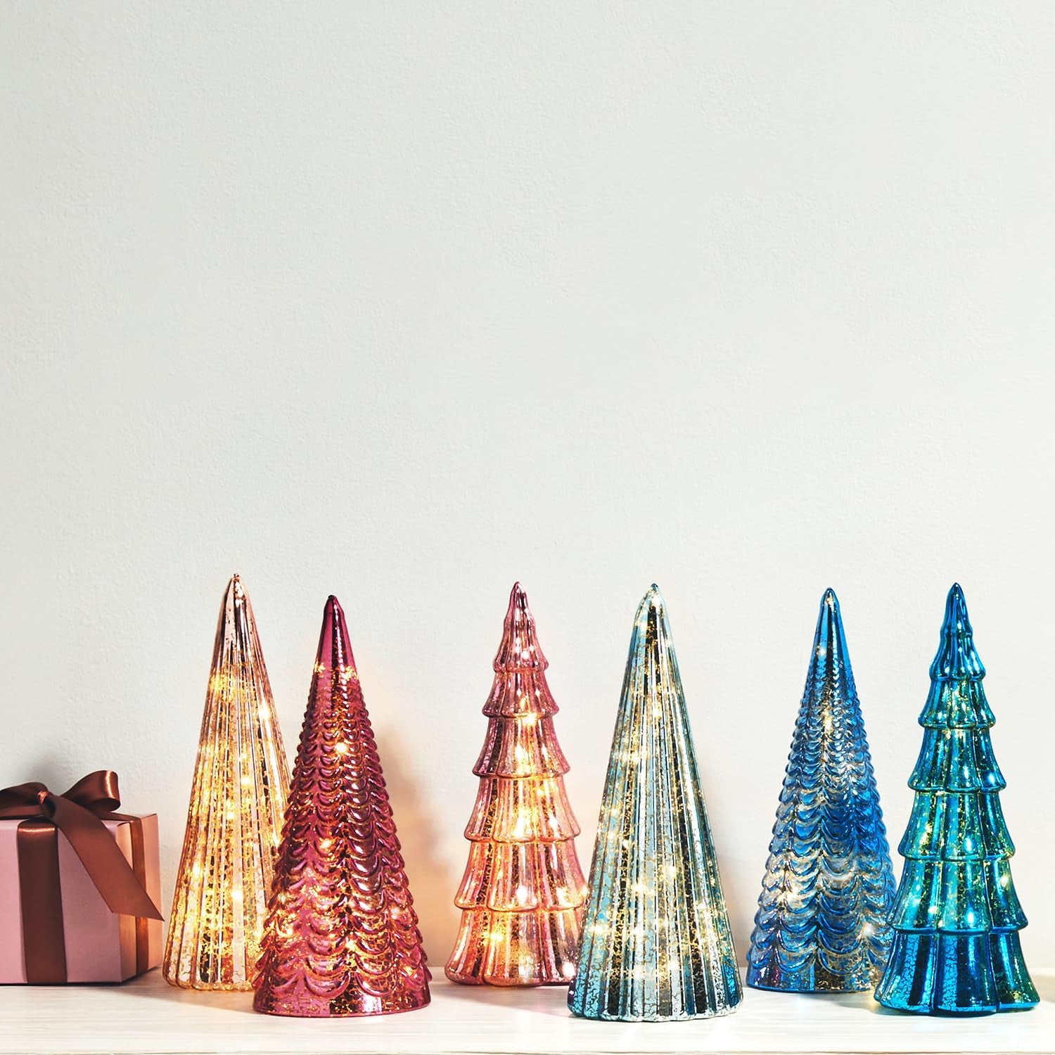 Table Top Christmas Tree Decorations with Fairy Lights, Set of 3 Assorted Trees, 10 Inch Tall, Pink Mercury Glass Finish, Batteries Included, Holiday Table Centerpiece and Mantle Decor