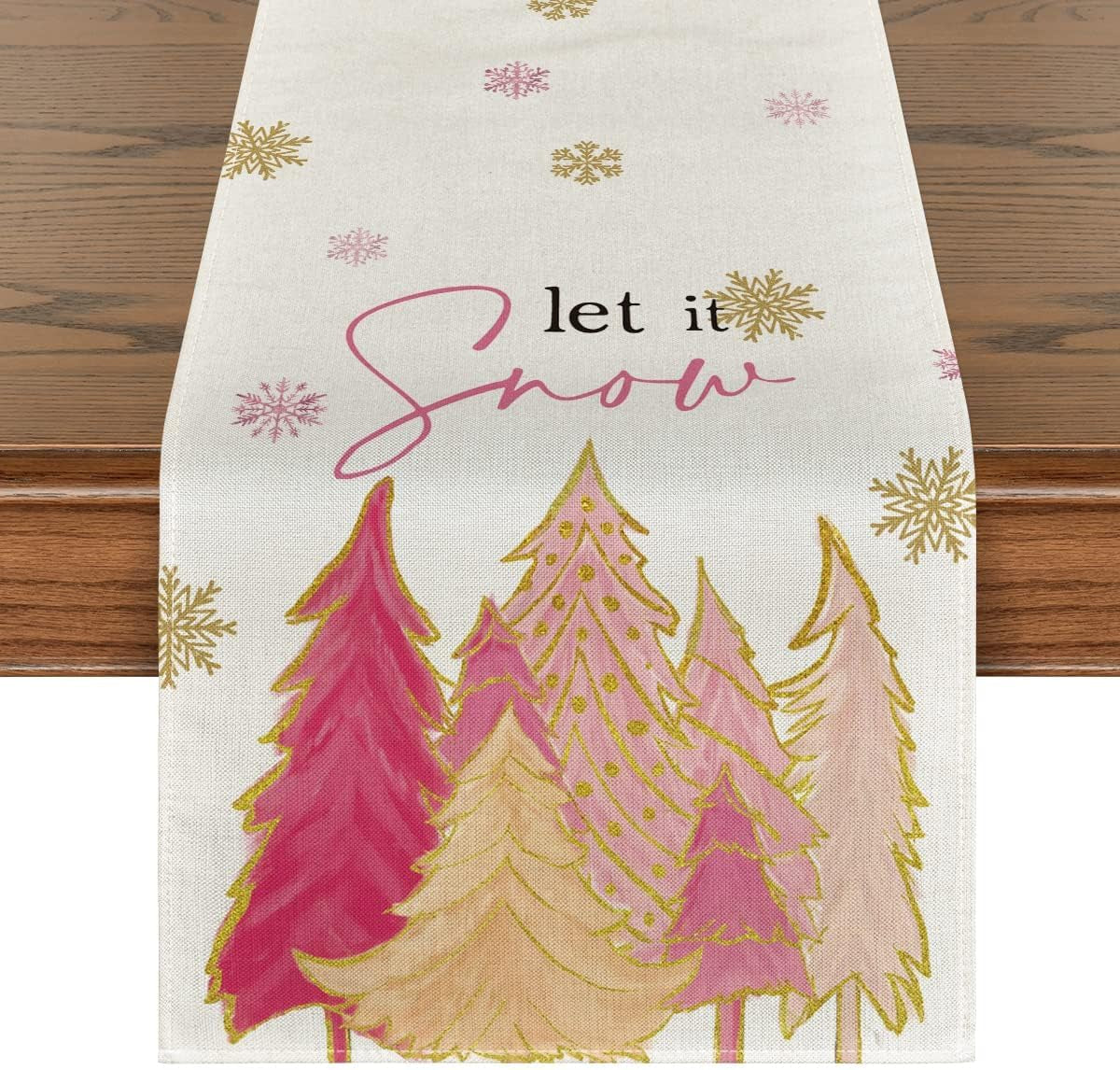 Pink Xmastree Let It Snow Snowflake Christmas Table Runner, Seasonal Winter Kitchen Dining Table Decoration for Home Party Outdoor 13X120 Inch