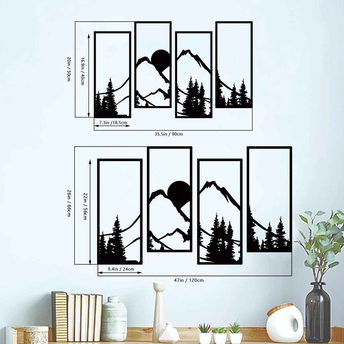 Metal Sunset Mountain Forest Wall Decor Set of 4, Minimalist Line Drawing Large Mountains Wall Art Home Decor for Living Room Bedroom Office…