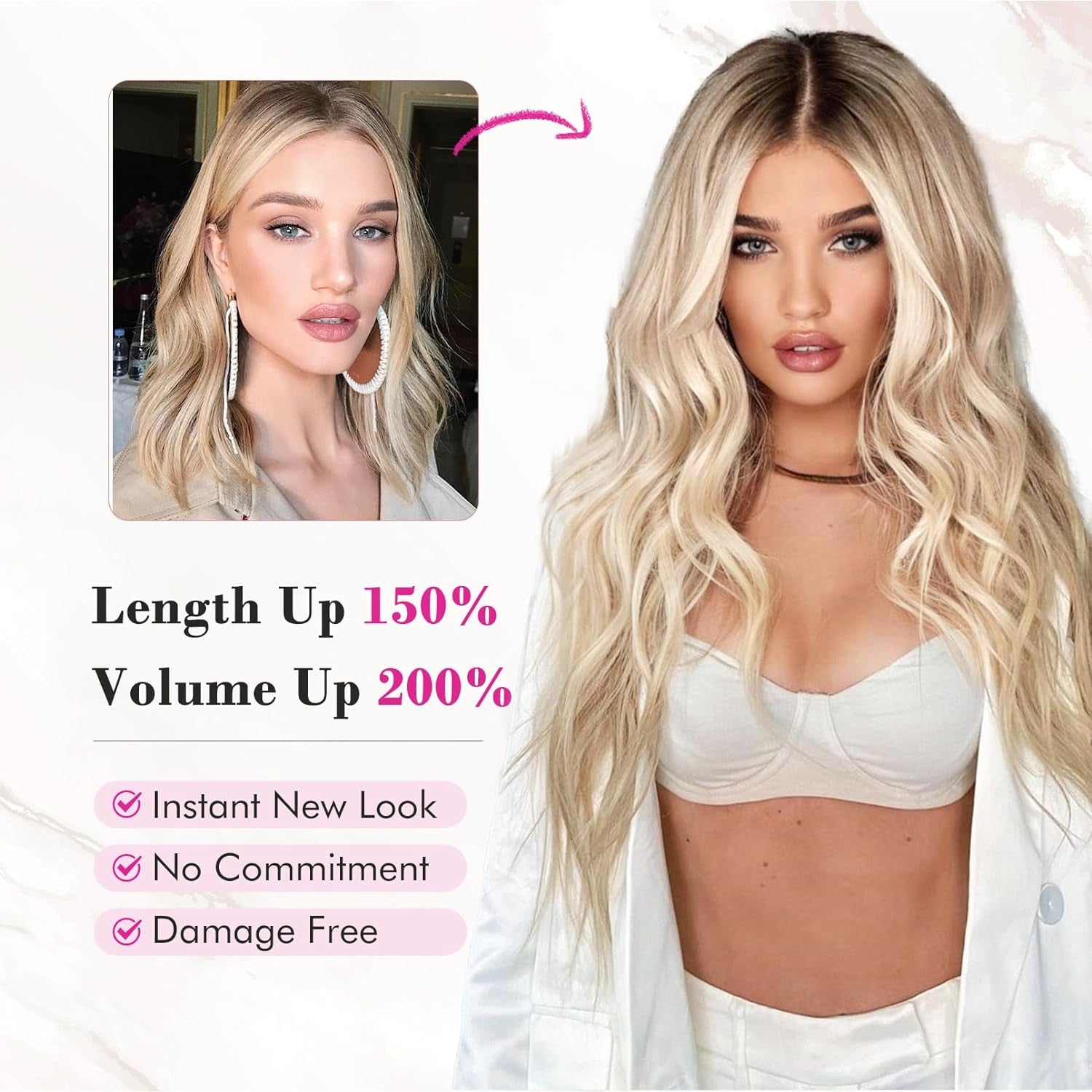 Clip in Hair Extensions, 4PCS 24" Thick Long Beach Waves Hair Extensions HE003 Invisible Lace Weft Natural Soft Hairpieces for Women – Ash Brown with Platinum Highlights