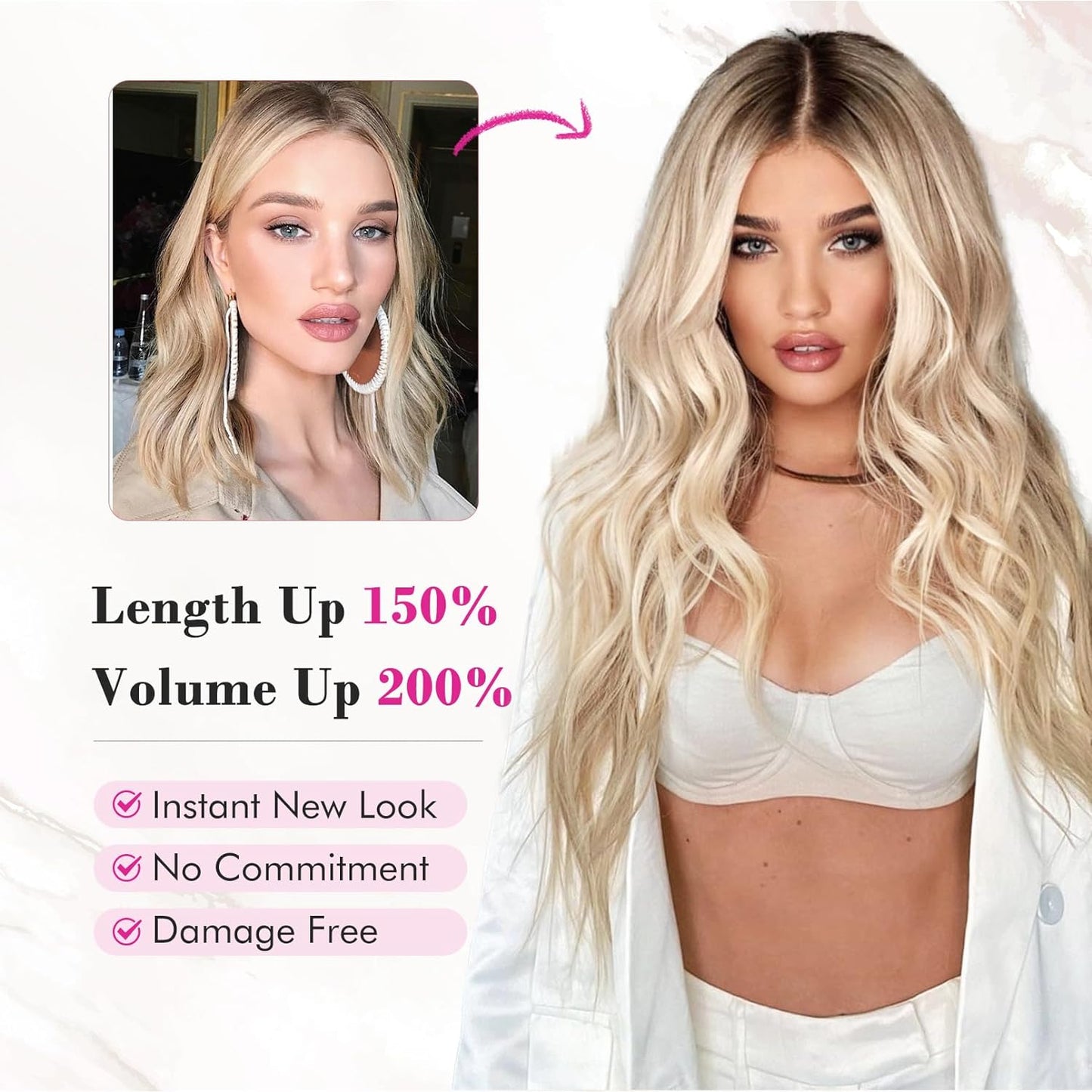 Clip in Hair Extensions, 4PCS Blonde Hair Extensions 24" Thick Long Beach Waves Hair Extensions HE003 Invisible Lace Weft Natural Soft Hairpieces for Women – Ash Blonde with Highlights