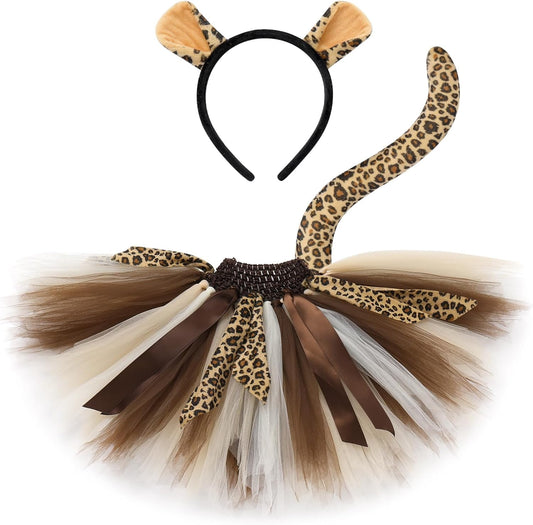Baby Girls Jungle Animals Costume Tulle Tutu Skirt Ears Headband Bow Tie and Tail Set for Halloween Cosplay Dress Up