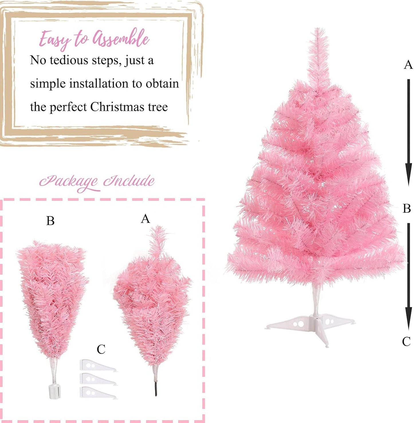 2FT Artificial Christmas Tree Pink Tabletop Christmas Tree with Plastic Stand Mini Xmas Pine Tree for Party Supplies Indoor Outdoor Holiday Home Decoration