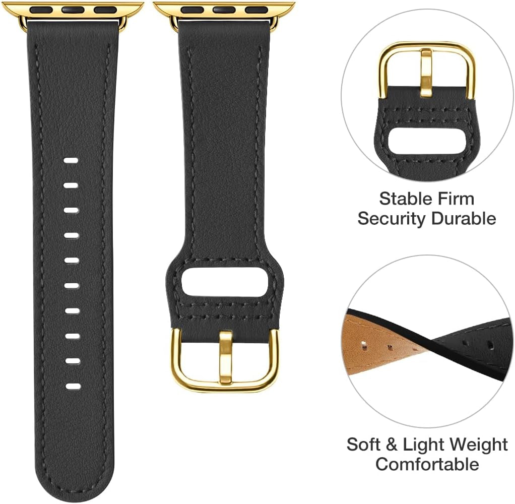 Leather Bands Compatible with Apple Watch Band 38Mm 40Mm 41Mm 42Mm 44Mm 45Mm 49Mm,Genuine Leather Strap Compatible for Women Men Iwatch SE Ultra Series(Black/Gold)